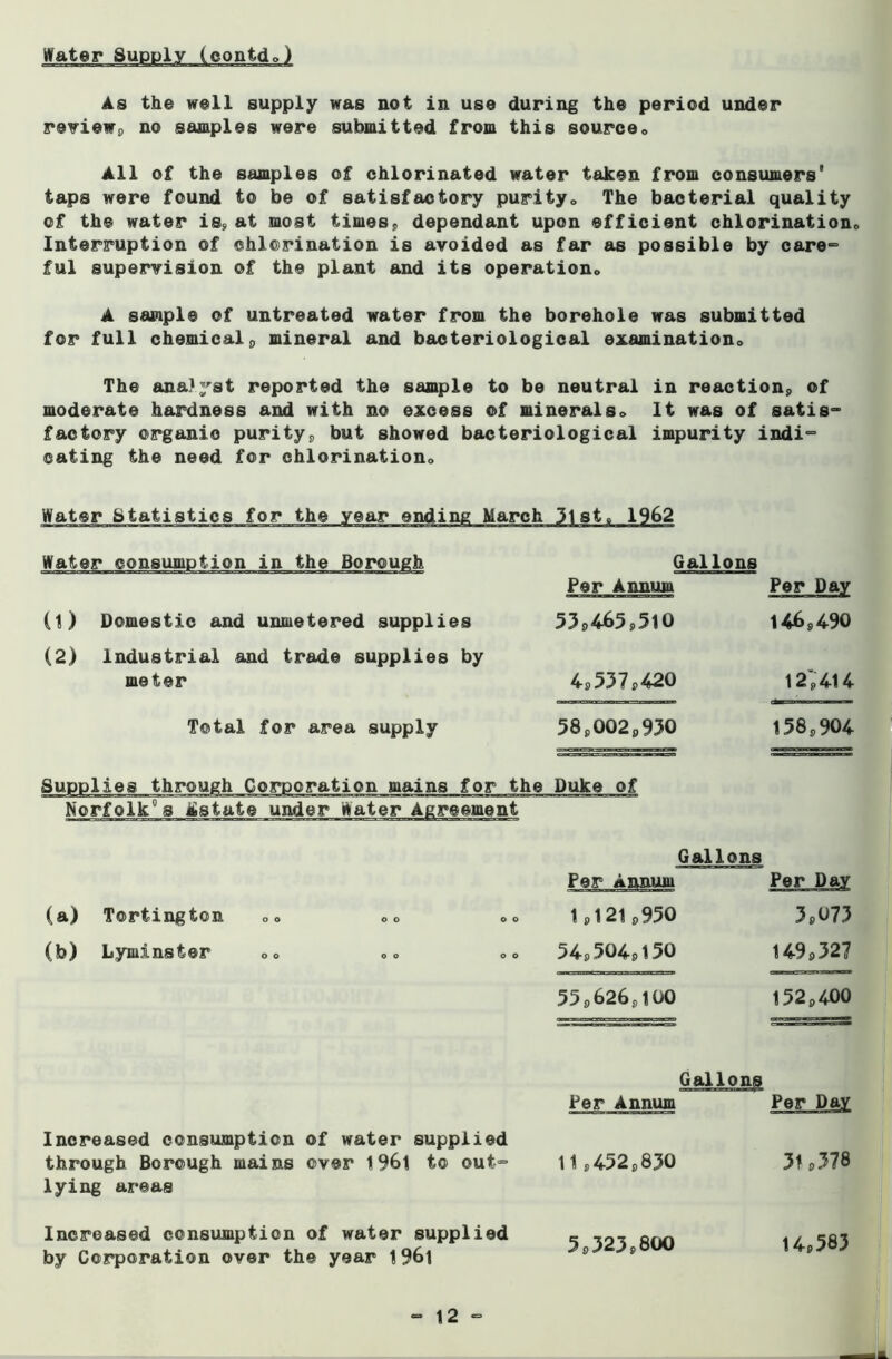 As the well supply was not in use during the period under review, no samples were submitted from this source,. All of the samples of chlorinated water taken from consumers' taps were found to be of satisfactory purity,. The bacterial quality of the water is, at most times, dependant upon efficient chlorination,, Interruption of chlorination is avoided as far as possible by care- ful supervision of the plant and its operation,, A sample of untreated water from the borehole was submitted for full chemical, mineral and bacteriological examination,. The analyst reported the sample to be neutral in reaction, of moderate hardness and with no excess of mineral So It was of satis- factory organic purity, but showed bacteriological impurity indi- cating the need for chlorination,. Water consumption in the Borough Gallons Per Annum Per Day (1) Domestic and unmetered supplies (2) Industrial and trade supplies by 53,465,510 146,490 meter 4,537,420 12,414 Total for area supply 58,002,930 158,904 Supplies through Corporation mains for the Duke of Norfolk0s Astate under water Agreement Gallons Per Annum £§lM (a) Tortington „<> o o oc 1,121,950 3,073 (b) Lyminster „„ o o 54,504,150 149,327 55,626,100 152,400 Increased consumption of water supplied through Borough mains over 1961 to out- lying areas Gallons Per Annum Per Das 11,452,830 31,378 Increased consumption of water supplied by Corporation over the year 1961 5,323,800 14, 583