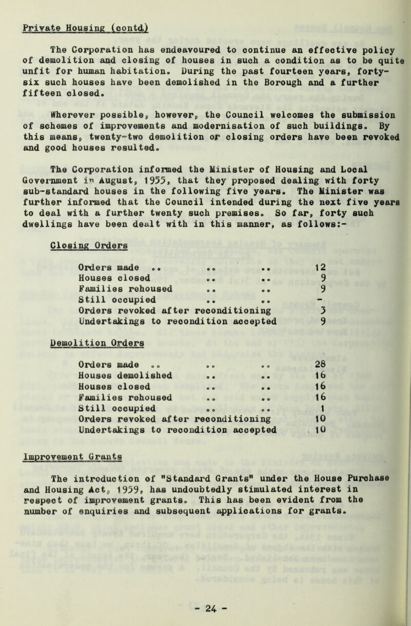The Corporation has endeavoured to continue an effective policy of demolition and closing of houses in such a condition as to be quite unfit for human habitation. During the past fourteen years, forty- six such houses have been demolished in the Borough and a further fifteen closed. Wherever possible, however, the Council welcomes the submission of schemes of improvements and modernisation of such buildings. By this means, twenty-two demolition or closing orders have been revoked and good houses resulted. The Corporation informed the Minister of Housing and Local Government i August, 1955, that they proposed dealing with forty sub-standard houses in the following five years. The Minister was further informed that the Council intended during the next five years to deal with a further twenty such premises. So far, forty such dwellings have been dealt with in this manner, as follows:- Closing Orders Orders made .. Houses closed Families rehoused Still occupied Orders revoked after reconditioning Undertakings to recondition accepted Demolition Orders Orders made Houses demolished Houses closed .. .. Families rehoused Still occupied .. Orders revoked after reconditioning Undertakings to recondition accepted 12 9 9 5 9 28 16 16 16 1 10 10 The introduction of Standard Grants under the House Purchase and Housing Act, 1959, has undoubtedly stimulated interest in respect of improvement grants. This has been evident from the number of enquiries and subsequent applications for grants.