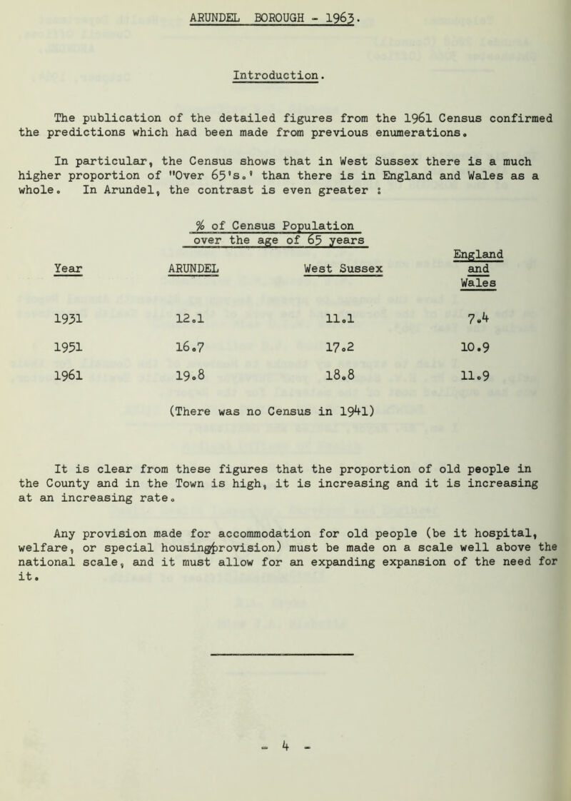 ARUNDEL BOROUGH - 1963- Introduction. The publication of the detailed figures from the 1961 Census confirmed the predictions which had been made from previous enumerations. In particular, the Census shows that in West Sussex there is a much higher proportion of Over 65's.' than there is in England and Wales as a whole. In Arundel, the contrast is even greater s % of Census Population over the age of 63 years Year ARUNDEL West Sussex England and Wales 1931 12.1 11.1 7 A 1951 16.7 17 <>2 10.9 1961 19o8 18.8 11.9 (There was no Census in 19^1) It is clear from these figures that the proportion of old people in the County and in the Town is high, it is increasing and it is increasing at an increasing rate. Any provision made for accommodation for old people (be it hospital, welfare, or special housingfcrovision) must be made on a scale well above the national scale, and it must allow for an expanding expansion of the need for it.