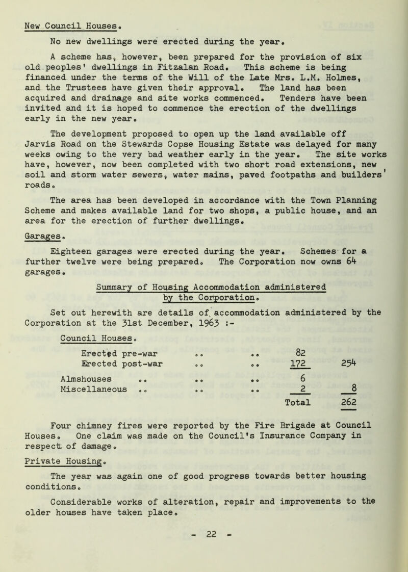 New Council Houses. No new dwellings were erected during the year. A scheme has, however, been prepared for the provision of six old peoples' dwellings in Fitzalan Road. This scheme is being financed under the terms of the Will of the Late Mrs. L.M. Holmes, and the Trustees have given their approval. The land has been acquired and drainage and site works commenced. Tenders have been invited and it is hoped to commence the erection of the dwellings early in the new year. The development proposed to open up the land available off Jarvis Road on the Stewards Copse Housing Estate was delayed for many weeks owing to the very bad weather early in the year. The site works have, however, now been completed with two short road extensions, new soil and storm water sewers, water mains, paved footpaths and builders roads. The area has been developed in accordance with the Town Planning Scheme and makes available land for two shops, a public house, and an area for the erection of further dwellings. Garages. Eighteen garages were erected during the year. Schemes for a further twelve were being prepared. The Corporation now owns 64 garages. Summary of Housing Accommodation administered by the Corporation. Set out herewith are details of accommodation administered by the Corporation at the 31st December, 1963 s- Council Houses. Erected pre-war Erected post-war Almshouses .. Miscellaneous .. 82 172 254 Total 262 Four chimney fires were reported by the Fire Brigade at Council Houses. One claim was made on the Council's Insurance Company in respect of damage. Private Housing. The year was again one of good progress towards better housing conditions. Considerable works of alteration, repair and improvements to the older houses have taken place.