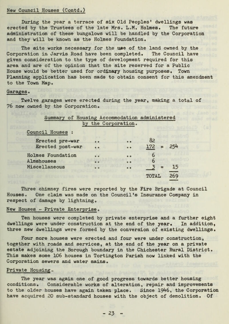 New Council Houses (ContcL) During the year a terrace of six Old Peoples' dwellings was erected by the Trustees of the late Mrs. L,M. Holmes. The future administration of these bungalows will be handled by the Corporation and they will be known as the Holmes Foundation. The site works necessary for the use of the land owned by the Corporation in Jarvis Road have been completed. The Council have given consideration to the type of development required for this area and are of the opinion that the site reserved for a Public House would be better used for ordinary housing purposes. Town Planning application has been made to obtain consent for this amendment to the Town Map. Garages. Twelve garages were erected during the year, making a total of 76 now owned by the Corporation. Summary of Housing Accommodation administered the Corporation. Council Houses : Erected pre-war 0 0 0 0 82 Erected post-war 0 0 0 • 172 = Holmes Foundation 0 0 0 0 6 Almshouses 0 0 0 0 6 Miscellaneous 0 0 9 • _3 = 15 TOTAL 269 Three chimney fires were reported by the Fire Brigade at Council Houses. One claim was made on the Council's Insurance Company in respect of damage by lightning. New Houses - Private Enterprise. Ten houses were completed by private enterprise and a further eight dwellings were under construction at the end of the year. In addition, three new dwellings were formed by the conversion of existing dwellings. Four more houses were erected and four were under construction, together with roads and services, at the end of the year on a private estate adjoining the Borough boundary in the Chichester Rural District. This makes some 106 houses in Tortington Parish now linked with the Corporation sewers and water mains. Private Housing.. The year was again one of good progress towards better housing conditions. Considerable works of alteration, repair and improvements to the older houses have again taken place. Since 19^6, the Corporation have acquired 20 sub-standard houses with the object of demolition. Of