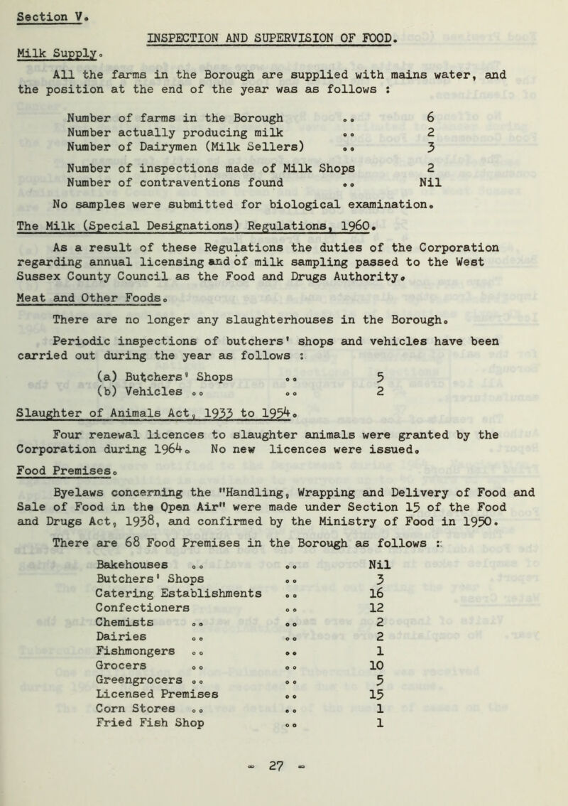 INSPECTION AND SUPERVISION OF FOOD. Milk Supply. All the farms in the Borough are supplied with mains water, and the position at the end of the year was as follows : Number of farms in the Borough .. 6 Number actually producing milk .. 2 Number of Dairymen (Milk Sellers) .. 3 Number of inspections made of Milk Shops 2 Number of contraventions found .. Nil No samples were submitted for biological examination. The Milk (Special Designations) Regulations, i960. As a result of these Regulations the duties of the Corporation regarding annual licensing and of milk sampling passed to the West Sussex County Council as the Food and Drugs Authority* Meat and Other Foods. There are no longer any slaughterhouses in the Borough. Periodic inspections of butchers' shops and vehicles have been carried out during the year as follows : (a) Butchers' Shops .. 5 (b) Vehicles .. .. 2 Slaughter of Animals Act, 1933 to 19540 Four renewal licences to slaughter animals were granted by the Corporation during 1964„ No new licences were issued. Food Premises. Byelaws concerning the Handling, Wrapping and Delivery of Food and Sale of Food in the Open Air were made under Section 15 of the Food and Drugs Act, 193$ 1 and confirmed by the Ministry of Food in 1950• There are 68 Food Premises in the Borough as follows :: Bakehouses Butchers' Shops Catering Establishments Confectioners Chemists .. Dairies .. Fishmongers Grocers .. Greengrocers .. Licensed Premises Corn Stores .. Fried Fish Shop Nil 3 16 12 2 2 1 10 5 15 1 1 - 2? -