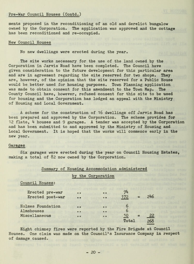 Pre-War Council Houses (Contdo) ments proposed in the reconditioning of an old and derelict bungalow owned by the Corporation. The application was approved and the cottage has been reconditioned and re-occupied. New Council Houses No new dwellings were erected during the year. The site works necessary for the use of the land owned by the Corporation in Jarvis Road have been completed. The Council have given consideration to the future development for this particular area and are in agreement regarding the site reserved for two shops. They are, however, of the opinion that the site reserved for a Public House would be better used for housing purposes. Town Planning application was made to obtain consent for this amendment to the Town Map. The County Council have, however, refused consent for this site to be used for housing and the Corporation has lodged an appeal with the Ministry of Housing and Local Government. A scheme for the construction of 16 dwellings off Jarvis Road has been prepared and approved by the Corporation. The scheme provides for 12 flats, 4 houses and 9 garages. A tender was accepted by the Corporation and has been submitted to and approved by the Ministry of Housing and Local Government. It is hoped that the works will commence early in the new year. Garages Six garages were erected during the year on Council Housing Estates, making a total of 82 now owned by the Corporation. Summary of Housing Accommodation administered Council Houses? Erected pre-war by the o o Corporation © o 74 246 Erected post-war • © o • m = Holmes Foundation © o © o 6 Almshouses • o o © 6 Miscellaneous o • 10 22 Eight chimney fires Total were reported by the Fire Brigade 268 at Council Houses. One claim was made on the Council's Insurance Company in respect of damage caused.