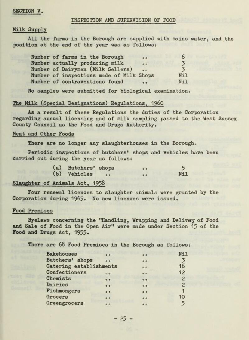 INSPECTION AND SUPERVISION OF FOOD Milk Supply All the farms in the Borough are supplied with mains water, and the position at the end of the year was as follows? Number of farms in the Borough .. 6 Number actually producing milk 3 Number of Dairymen (Milk Sellers) .<> 3 Number of inspections made of Milk Shops Nil Number of contraventions found .. Nil No samples were submitted for biological examination,, The Milk (Special Designations) Regulations, I960 As a result of these Regulations the duties of the Corporation regarding annual licensing and of milk sampling passed to the West Sussex County Council as the Food and Drugs Authority. Meat and Other Foods There are no longer any slaughterhouses in the Borough. Periodic inspections of butchers* shops and vehicles have been carried out during the year as follows? (a) Butchers' shops .. 5 (b) Vehicles .. .. Nil Slaughter of Animals Act, 1958 Four renewal licences to slaughter animals were granted by the Corporation during 1965- No new licences were issued. Food Premises Byelaws concerning the ’Handling, Wrapping and Delivoy of Food and Sale of Food in the Open Air were made under Section 15 of the Food and Drugs Act, 1955* There are 68 Food Premises in the Borough as follows? Bakehouses .. Butchers' shops .. Catering establishments Confectioners .. Chemists .. Dairies „„ Fishmongers .. Grocers Greengrocers .. o o o © e o o o o © o o o o e o o o Nil 3 16 12 2 2 1 10 5