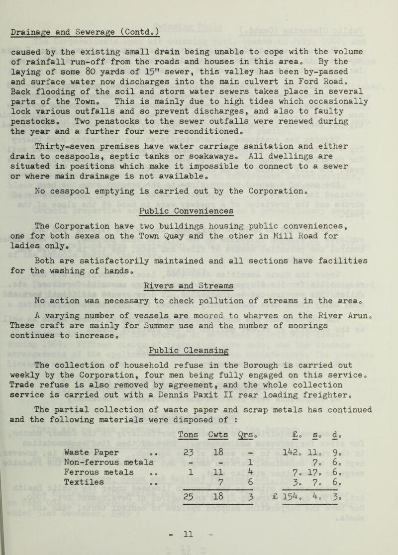 Drainage and Sewerage (Contd,) caused by the existing small drain being unable to cope with the volume of rainfall run-off from the roads and houses in this area. By the laying of some 80 yards of 15” sewer, this valley has been by-passed and surface water now discharges into the main culvert in Ford Road® Back flooding of the soil and storm water sewers takes place in several parts of the Town0 This is mainly due to high tides which occasionally lock various outfalls and so prevent discharges, and also to faulty penstockso Two penstocks to the sewer outfalls were renewed during the year and a further four were reconditioned« Thirty-seven premises have water carriage sanitation and either drain to cesspools, septic tanks or soakaways® All dwellings are situated in positions which make it impossible to connect to a sewer or where main drainage is not available0 No cesspool emptying is carried out by the Corporation® Public Conveniences The Corporation have two buildings housing public conveniences, one for both sexes on the Town Quay and the other in Mill Road for ladies only® Both are satisfactorily maintained and all sections have facilities for the washing of hands® Rivers and Streams No action was necessary to check pollution of streams in the area® A varying number of vessels are moored to wharves on the River Arun® These craft are mainly for Summer use and the number of moorings continues to increase® Public Cleansing The collection of household refuse in the Borough is carried out weekly by the Corporation, four men being fully engaged on this service® Trade refuse is also removed by agreement, and the whole collection service is carried out with a Dennis Paxit II rear loading freighter® The partial collection of waste paper and scrap metals has continued and the following materials were disposed of : Waste Paper Tons 23 Cwts 18 oO o So 142O 11o d® 9° Non-ferrous metals - - 1 7o 6® Ferrous metals 1 11 4 7. 17. 6 © Textiles 7 6 3c 7o 6® 25 18 3 £ 154® 4® 3®