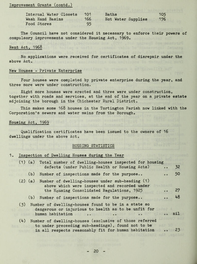 Improvement Grants (contdo) Internal Water Closets 101 Baths 105 Wash Hand Basins 166 Hot Water Supplies 176 Food Stores 95 The Council have not considered it necessary to enforce their powers of compulsory improvements under the Housing Act, 1969<> Rent Act, 1968 No applications were received for certificates of disrepair under the above Acto New Houses - Private Enterprise Four houses were completed by private enterprise during the year, and three more were under construction., Eight more houses were erected and three were under construction, together with roads and services, at the end of the year on a private estate adjoining the borough in the Chichester Rural District® This makes some 168 houses in the Tortington Parish now linked with the Corporation's sewers and water mains from the Borough® Housing Act, 19^9 Qualification certificates have been issued to the owners of 16 dwellings under the above Act® HOUSING STATISTICS 1o Inspection of Dwelling Houses during the Year (1) (a) Total number of dwelling-houses inspected for housing defects (under Public Health or Housing Acts) (b) Number of inspections made for the purpose®» (2) (a) Number of dwelling-houses under sub-heading (1) above which were inspected and recorded under the Housing Consolidated Regulations, 1925 (b) Number of inspections made for the purpose®® (3) Number of dwelling-houses found to be in a state so dangerous or injurious to health as to be unfit for human habitation (4) Number of dwelling-houses (exclusive of those referred to under preceeding sub-headings), found not to be in all respects reasonably fit for human habitation 32 50 27 48 nil 23