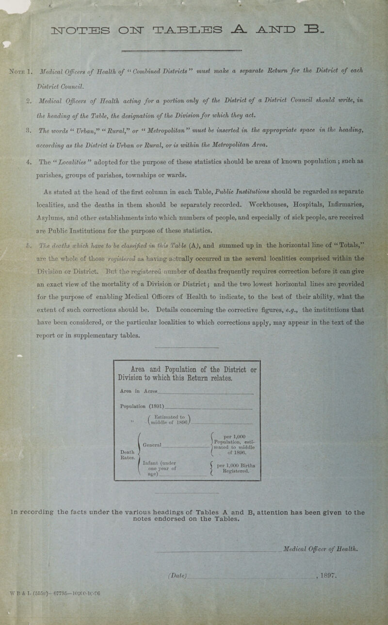 ZtTOTIES OlsT T-A-IBLES .A. .A-ItTID IB. Note 1. Medical Officers of Health of “Combined Districts ” must make a separate Return for the District of each District Council. 2. Medical Officers of Health acting for a portion only of the District of a District Council should write, in the heading of the Table, the designation of the Division for which they act. 3. The words “ Urban,” “Rural,” or “Metropolitan” must be inserted in the appropriate space in the heading, according as the District is Urban or Rural, or is within the Metropolitan Area. 4. Tlie “Localities ” adopted for the purpose of these statistics should be areas of known population ; such as parishes, groups of parishes, townships or wards. As stated at the head of the first column in each Table, Public Institutions should be regarded as separate localities, and the deaths in them should be separately recorded. Workhouses, Hospitals, Infirmaries, Asylums, and other establishments into which numbers of people, and especially of sick people, are received are Public Institutions for the purpose of these statistics. 5. The deaths which have to be classified in this Table (A), and summed up in the horizontal line of “Totals,” are the whole of those registered as having actually occurred in the several localities comprised within the Division or District. But the registered number of deaths frequently requires correction before it can give an exact view of the mortality of a Division or District; and the two lowest horizontal lines are provided for the purpose of enabling Medical Officers of Health to indicate, to the best of their ability, what the extent of such corrections should be. Details concerning the corrective figures, e.g., the institutions that have been considered, or the particular localities to which corrections apply, may appear in the text of the report or in supplementary tables. Area and Population of the District or Division to which this Return relates. Area in Acres. Population (1891) :) ( Estimated to middle of 1896. General Deatli Rates. Infant (under one year of t 1,000 Births Registered. age) In recording the facts under the various headings of Tables A and B, attention has been given to the notes endorsed on the Tables. Medical Officer of Health. ( Date) 1897. WML (555r)—67735—102C0-1 ('-90