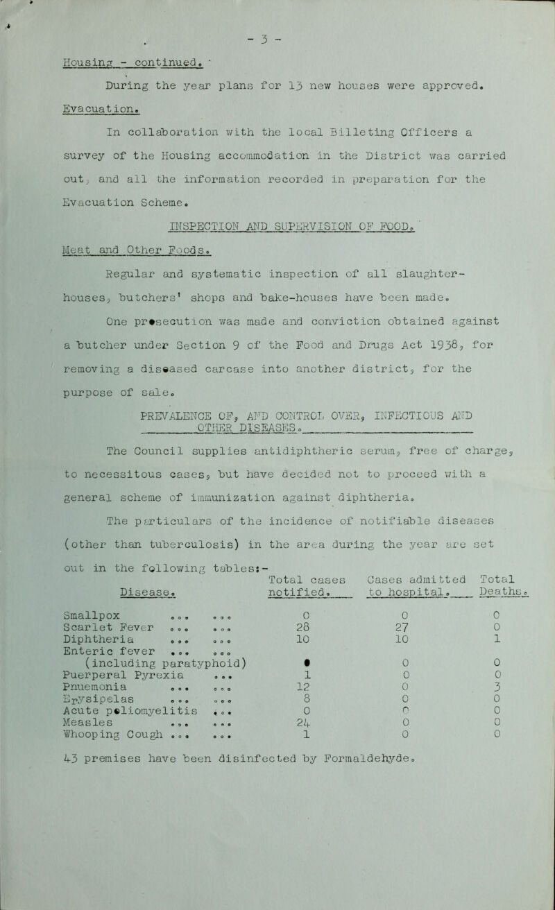 During the year plans for 13 new houses were approved. Evacuation. In collaboration with the local Billeting Officers a survey of the Housing accommodation in the District was carried out;, and all the information recorded in preparation for the Evacuation Scheme. INSPECTION AMD SUPERVISION OF FOOD,' Meat and Other Foods. Regular and systematic inspection of all slaughter- houses,, butchers’ shops and bake-houses have been made. One prosecution was made and conviction obtained against a butcher under Section 9 of the Food and Drugs Act 1938? for removing a diseased carcase into another district, for the purpose of sale. PREVALENCE OF, AND CONTROL OVER, INFECTIOUS AND _ OTHER DISEASES. _ The Council supplies antidiphtheric serum, free of charge, to necessitous cases, but have decided not to proceed with a general scheme of immunization against diphtheria. The particulars of the incidence of notifiable diseases (other than tuberculosis) in the area during the year are set out in the following Disease. tables: - Total cases notified. Cases admitted to hospital. Total Deaths. Smallpox o o o 0 0 0 Scarlet Fever o o o 28 27 0 Diphtheria ... o o © 10 10 1 Enteric fever ... ... (including paratyphoid) • 0 0 Puerperal Pyrexia 0 0 9 1 0 0 Pnuemonia 0 o o 12 0 3 1j274/ S1 jp 01 cl S o o o o o o 8 0 0 Acute p«liomyelitis t 0 • 0 o 0 Measles © © 0 24 0 0 Whooping Cough ... 0 0 9 1 0 0 43 premises have been disinfected by Formaldehjrde.