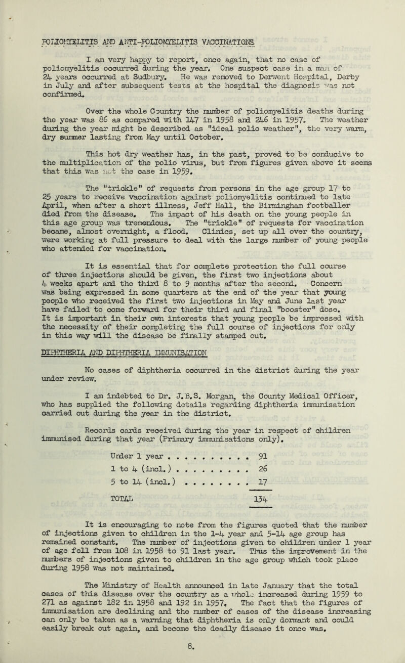 TCJOlSEIITra AND AOTI~FpIIO^LITia VACCmATIQZS I am very happy to report, once again, that no case of poliomyelitis occurred during the year. One suspect case in a mail of 24 years occurred at Sudbury. He was removed to Derwent Hospital, Derby in July and after subsequent tesms at the hospital the diagnosis was not confirmed. Over the whole Country the number of poliomyelitis deaths during the year was 86 as compared with 247 in 1958 and 246 in 1957. The weather during the year might be described as ideal polio weather, the very warm, dry summer lasting from May until October. This hot dry weather has, in the past, proved to be conducive to the multiplication of the polio virus, but from figures given above it seems that this was not the case in 1959. The trickle of requests from persons in the age group 17 to 25 years to receive vaccination against poliomyelitis continued to late April, when after a short illness, Jeff Hall, the Birmingham footballer died from the disease. The impact of Ms death on the young people in this age group was tremendous. The trickle of requests for vaccination became, almost overMght, a flood. Climes, set up all over the country, were working at full pressure to deal with the large number of young people who attended for vaccination. It is essential that for complete protection the full course of three injections should be given, the first two injections about 4 weeks apart and the third 8 to 9 months after the second. Concern was being expressed in some quarters at the end of the year that young people who received the first two injections in May and June last year have failed to come forward for their tMrd and final booster dose. It is important in their own interests that young people be impressed with the necessity of their completing the full course of injections for only in this way will the disease be finally stamped out. DIPHTHERIA AND DIPHTHERIA IMMUNISATION No cases of diphtheria occurred in the district during the year under review. I am indebted to Dr. J. B.S. Morgan, the County Medical Officer, who has supplied the following details regarding diphtheria immunisation carried out during the year in the district. Records cards received during the year in respect of children immunised during that year (Primary immunisations only). Under 1 year 91 1 to 4 (incl.) 26 5 to 14 (incl.) ........ 17 TOTAL 134 It is encouraging to note from the figures quoted that the number of injections given to children in the 1-4 year and 5-14 age group has remained constant. The number of injections given to cMldren under 1 year of age fell from 108 in 1958 to 91 last year. Thus the improvement in the numbers of injections given to children in the age group which took place during 1958 was not maintained. The Ministry of Health announced in late January that the total oases of this disease over the country as a whole increased during 1959 to 271 as against 182 in 1958 and 192 in 1957^ The fact that the figures of immumsation are declimng and the number of cases of the disease increasing can only be taken as a warning that diphtheria is only dormant and could easily break out again, and become the deadly disease it once was.