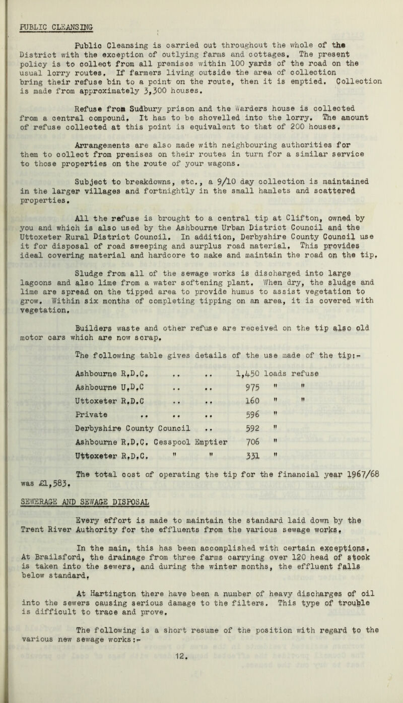 PUBLIC CLEANSING Public Cleansing is carried out throughout the whole of the District with the exception of outlying farms and cottages. The present policy is to collect from all premises within 100 yards of the road on the usual lorry routes. If farmers living outside the area of collection bring their refuse bin to a point on the route, then it is emptied. Collection is made from approximately 3,300 houses. Refuse from Sudbury prison and the Warders house is collected from a central compound. It has to be shovelled into the lorry. The amount of refuse collected at this point is equivalent to that of 200 houses. Arrangements are also made with neighbouring authorities for them to collect from premises on their routes in turn for a similar service to those properties on the route of your wagons. Subject to breakdowns, etc., a 9/10 day collection is maintained in the larger villages and fortnightly in the small hamlets and scattered properties. All the refuse is brought to a central tip at Clifton, owned by you and which is also used by the Ashbourne Urban District Council and the Uttoxeter Rural District Council. In addition, Derbyshire County Council use it for disposal of road sweeping and surplus road material. This provides ideal covering material and hardcore to make and maintain the road on the tip. Sludge from all of the sewage works is discharged into large lagoons and also lime from a water softening plant. When dry, the sludge and lime are spread on the tipped area to provide humus to assist vegetation to grow. Within six months of completing tipping on an area, it is covered with vegetation. Builders waste and other refuse are received on the tip also old motor cars which are now scrap. The following table gives details of the use made of the tip:- Ashbourne R,D.C, Ashbourne UtD,C Uttoxeter R.D.C Private Derbyshire County Council Ashbourne R.D.C. Cesspool Emptier Uttoxeter R,D,C.   1,A50 loads refuse 975  160  « 596  592 » 706  331 » The total cost of operating the tip for the financial year 1967/68 was £1,583. SEWERAGE AND SEWAGE DISPOSAL Every effort is made to maintain the standard laid down by the Trent River Authority for the effluents from the various sewage works. In the main, this has been accomplished with certain exceptions. At Brailsford, the drainage from three farms carrying over 120 head of stock is taken into the sewers, and during the winter months, the effluent falls below standard, At Hartington there have been a number of heavy discharges of oil into the sewers causing serious damage to the filters. This type of trouble is difficult to trace and prove. The following is a short resume of the position with regard to the various new sewage works
