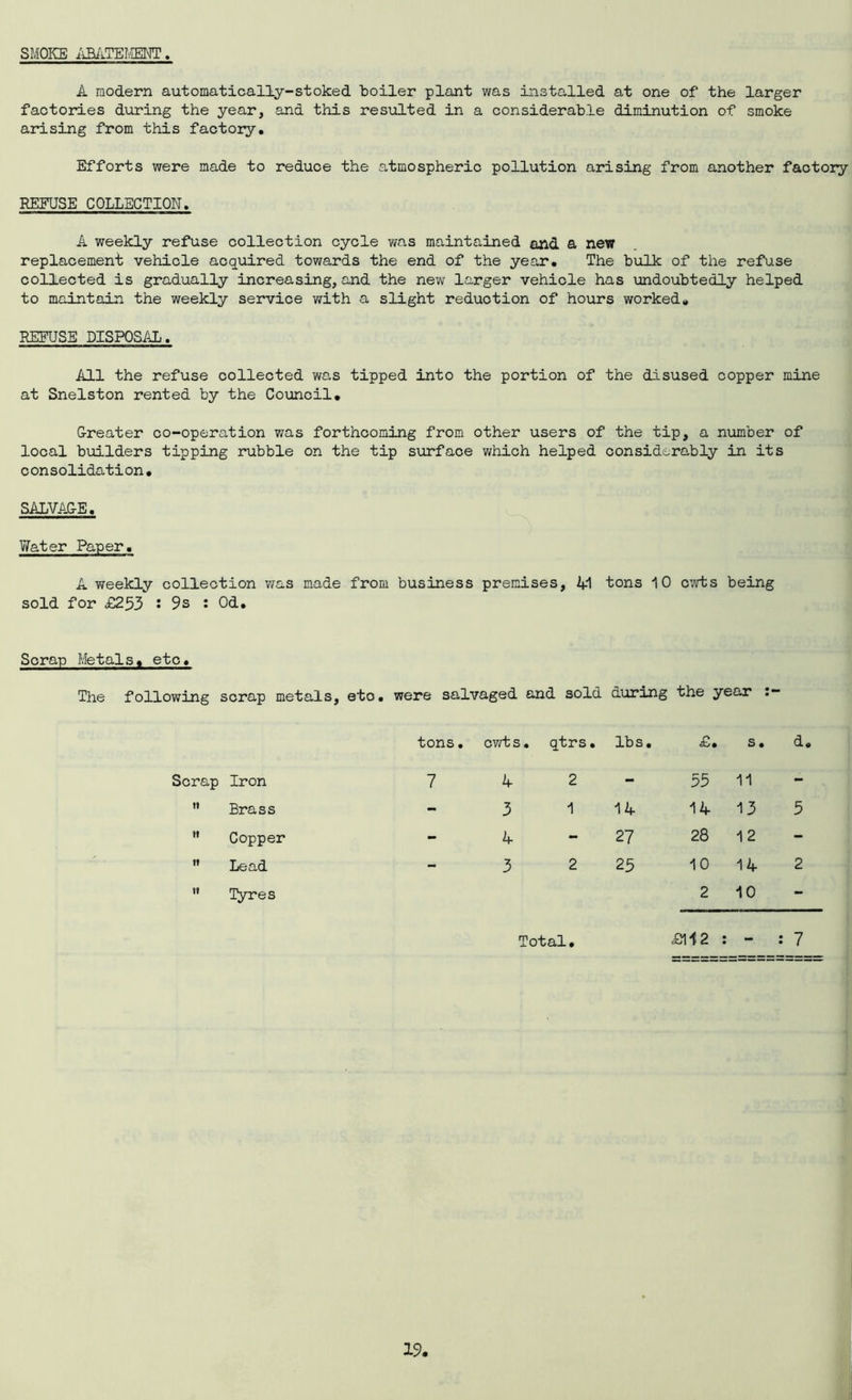 SMOKE ABATEMENT A modern automatically-stoked boiler plant was installed at one of the larger factories during the year, and this resulted in a considerable diminution of smoke arising from this factory. Efforts were made to reduce the atmospheric pollution arising from another factory REFUSE COLLECTION. A weekly refuse collection cycle was maintained and a new replacement vehicle acquired towards the end of the year. The bulk of the refuse collected is gradually increasing,and the new larger vehicle has undoubtedly helped to maintain the weekly service with a slight reduction of hours worked* REFUSE DISPOSAL. All the refuse collected was tipped into the portion of the disused copper mine at Snelston rented by the Council* G-reater co-operation was forthcoming from other users of the tip, a number of local builders tipping rubble on the tip surface which helped considerably in its consolidation. SALVAGE* Water Paper. A weekly collection was made from business premises, 41 tons 10 cwts being sold for £253 ! 9s : Od. Scrap Metals* etc. The following scrap metals, eto. were salvaged and sold during the year :- tons • cwts. qtrs. lbs. £. s. d* Scrap Iron 7 4 2 - 53 11 - it Brass - 3 1 14 14 13 5 n Copper - 4 - 27 28 12 - n Lead - 3 2 25 10 14 2 ii Tyres 2 10 - Total. £112 : - : 7