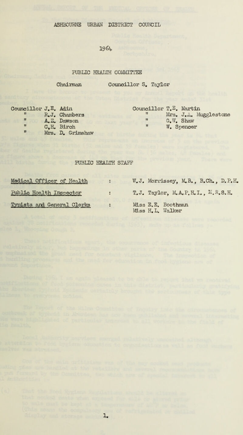 1964 PUBLIC HEALTH COMMITTEE Chairman Councillor S. Taylor Councillor J.E, Adin  R.J. Chambers  A.E. Dawson  C,H. Birch  Mrs. D. Grimshaw Councillor T.S, Martin  Mrs. J.A. Muggiest one  G.W. Shaw ” W. Spencer PUBLIC HEALTH STAPP Medical Officer of Health : W. J. Morrissey, M.B., B.Ch., D. P.H, Public Health Inspector : T.J. Taylor, M.A.P.H.I., K.R.S.H. Typists and General Clerks : Miss E.E. Boothman Miss H. L. Nalker 1,