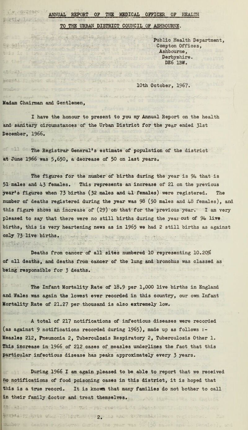 ANNUAL REPORT OR THE MEDICAL OFFICER OF HEALTH TO THE URBAN DISTRICT COUNCIL OF ASHBOURNE. Public Health Department, Compton Offices, Ashbourne, Derbyshire. DE6 1BW. 10th October, 1967. Madam Chairman and Gentlemen, I have the honour to present to you my Annual Report on the health and sanitary circumstances of the Urban District for the year ended 31st December, 1966. The Registrar General's estimate of population of the district at June 1966 was 5,650, a decrease of 50 on last years. The figures for the number of births during the year is 94 that is 51 males and 43 females. This represents an increase of 21 on the previous year's figures when 73 births (32 males and 41 females) were registered. The number of deaths registered during the year was 98 (50 males and 48 females), and this figure shows an increase of (29) oh1 that for the previous year. I am very pleased to say that there were no still births during the year out of 94 live births, this is very heartening news as in 1965 we had 2 still births as against only 73 live births. > j j ’. 4, ^ Deaths from cancer of all sites numbered 10 representing 10.20% of all deaths, and deaths from cancer of the lung and bronchus was classed as ..’> > being responsible for 3 deaths. The Infant Mortality Rate of 18.9 per 1,000 live births in England and Wales was again the lowest ever recorded in this country, our own Infant Mortality Rate of 21.27 per thousand is also extremely low. A total of 217 notifications of infectious diseases were recorded (as against 9 notifications recorded during 1965), made up as follows Measles 212, Pneumonia 2, Tuberculosis Respiratory 2, Tuberculosis Other 1. This increase in 1966 of 212 cases of measles underlines the fact that this particular infectious disease has peaks approximately every 3 years. During 1966 I am again pleased to be able to report that we received no notifications of food poisoning cases in this district, it is hoped that this is a true record. It is known that many families do not bother to call in their family doctor and treat themselves. ,1