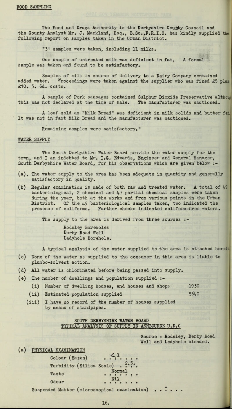 FOOD SAMPLING- The Food and Dings Authority is the Derbyshire County Council and the County Analyst Mr. J. Markland, Esq., B.Sc.,F,R.I.C. has kindly supplied the following report on samples taken in the Urban District. 31 samples were taken, including 11 milks. One sample of untreated milk was deficient in fat, A formal sample was taken and found to be satisfactory. Samples of milk in course of delivery to a Dairy Company contained added water. Proceedings were taken against the supplier who was fined £5 plus £10* 3. 6d. costs. A sample of Pork sausages contained Sulphur Dioxide Preservative althoug this was not declared at the time of sale. The manufacturer was cautioned. A loaf sold as Milk Bread was deficient in milk solids and butter fat, It was not in fact Milk Bread and the manufacturer was cautioned. Remaining samples were satisfactory. WATER SUPPLY The South Derbyshire Water Board provide the water supply for the town, and I am indebted to Mr. I*G. Edwards, Engineer and General Manager, South Derbyshire Water Board, for his observations which are given below (a) , The water supply to the area has been adequate in quantity and generally satisfactory in quality. (b) Regular examination is made of both raw and treated water. A total of 49 bacteriological, 2 chemical and 47 partial chemical samples were taken during the year, both at the works and from various points in the Urban District. Of the 49 bacteriological samples taken, two indicated the presence of coliforms. Further checks indicated coliform-free waters. The supply to the area is derived from three sources Rodsley Boreholes Derby Road Well Ladyhole Borehole. A typical analysis of the water supplied to the area is attached hereto, (c) None of the water as supplied to the consumer in this area is liable to plurabo-solvent action. (d) All water is chlorinated before being passed into supply. (e) The number of dwellings and population supplied (i) Number of dwelling houses, and houses and shops 1930 (ii) Estimated population supplied 5&40 (iii) I have no record of the number of houses supplied by means of standpipes. SOUTH DERBYSHIRE WATER BOARD TYPICAL ANALYSIS OF SUPPLY IN ASHBOURNE U.D.C Source : Rodsley, Derby Road Well and Ladyhole blended. (a) PHYSICAL EXAMINATION Colour (Hazen) Turbidity (Silica Taste Odour . *v. Scale) . ?•?*. Normal Nil Suspended Matter (microscopical examination)