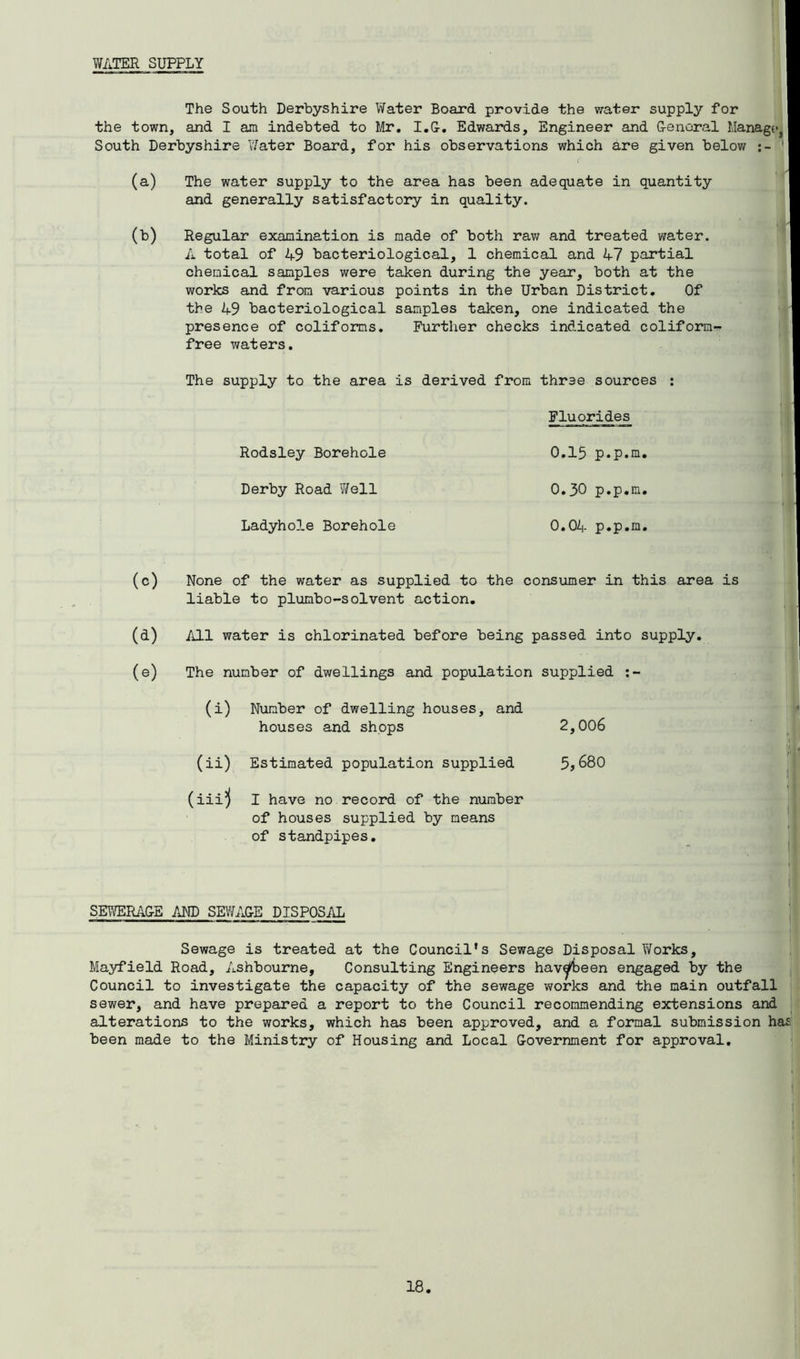 WATER SUPPLY The South Derbyshire Water Board provide the water supply for the town, and I am indebted to Mr. I.G-. Edwards, Engineer and General Manage, South Derbyshire Water Board, for his observations which are given below ' (a) The water supply to the area has been adequate in quantity and generally satisfactory in quality. (b) Regular examination is made of both raw and treated water. A total of 49 bacteriological, 1 chemical and 47 partial chemical samples were taken during the year, both at the works and from various points in the Urban District. Of the 49 bacteriological samples taken, one indicated the presence of coliforms. Further checks indicated coliform- free waters. The supply to the area is derived from three sources : Fluorides Rodsley Borehole 0.15 p.p.m. Derby Road Well 0.30 p.p.m. Ladyhole Borehole 0.04 p.p.m. (c) None of the water as supplied to the consumer in this area is liable to plumbo-solvent action. (d) All water is chlorinated before being passed into supply. (e) The number of dwellings and population supplied (i) Number of dwelling houses, and houses and shops 2,006 (ii) Estimated population supplied 5,680 (iiij I have no record of the number of houses supplied by means of standpipes. SEWERAGE AND SEWAGE DISPOSAL Sewage is treated at the Council’s Sewage Disposal Works, Mayfield Road, Ashbourne, Consulting Engineers hav^been engaged by the Council to investigate the capacity of the sewage works and the main outfall sewer, and have prepared a report to the Council recommending extensions and alterations to the works, which has been approved, and a formal submission has been made to the Ministry of Housing and Local Government for approval.