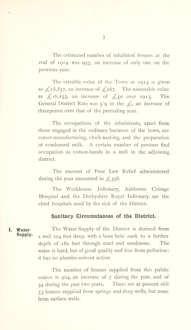 I. Water Supply. The estimated number of inhabited houses at the end of 1914 was 957, an increase of only one on the previous year. The rateable value of the Town in 1914 is given as ^18,857, an increase of £^167. The assessable value as ,£16,255, an increase of ,£50 over 1913. The General District Rate was 5/9 in the an increase of threepence over that of the preceding year. The occupations of the inhabitants, apart from those engaged in the ordinary business of the town, are corset-manufacturing, clock-making, and the preparation of condensed milk. A certain number of persons find occupation as cotton-hands in a mill in the adjoining district. The amount of Poor Law Relief administered during the year amounted to £,358. The Workhouse Infirmary, Ashborne Cottage Hospital and the Derbyshire Royal Infirmary are the chief hospitals used by the sick of the District. Sanitary Circumstances of the District. The Water Supply of the District is derived from a well 204 feet deep, with a bore hole sunk to a further depth of 180 feet through marl and sandstone. The water is hard, but of good quality and free from pollution: it has no plumbo-solvent action The number of houses supplied from this public source is 904, an increase of 7 during the year, and of 34 during the past two years. There are at present still 53 houses supplied from springs and deep wells, but none from surface wells.