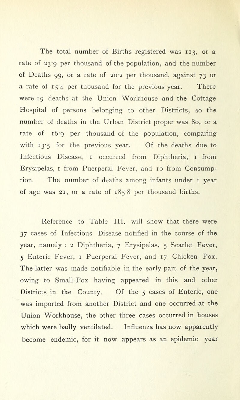 The total number of Births registered was 113, or a rate of 23-9 per thousand of the population, and the number of Deaths 99, or a rate of 20'2 per thousand, against 73 or a rate of 15-4 per thousand for the previous year. There were 19 deaths at the Union Workhouse and the Cottage Hospital of persons belonging to other Districts, so the number of deaths in the Urban District proper was 80, or a rate of 16-9 per thousand of the population, comparing with 13-5 for the previous year. Of the deaths due to Infectious Disease, i occurred from Diphtheria, i from Erysipelas, i from Puerperal b'ever, and 10 from Consump- tion. The number of deaths among infants under i year of age was 21, or a rate of i85‘8 per thousand births. Reference to Table III. will show that there were 37 cases of Infectious Disease notified in the course of the year, namely : 2 Diphtheria, 7 Erysipelas, 5 Scarlet Fever, 5 Enteric Fever, i Puerperal Fever, and 17 Chicken Pox. The latter was made notifiable in the early part of the year, owing to Small-Pox having appeared in this and other Districts in the County. Of the 5 cases of Enteric, one was imported from another District and one occurred at the Union Workhouse, the other three cases occurred in houses which were badly ventilated. Influenza has now apparently become endemic, for it now appears as an epidemic year