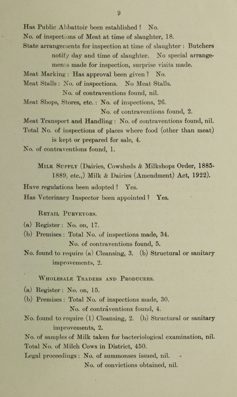 Has Public Abbattoir been established ! No. No. of inspections of Meat at time of slaughter, 18. State arrangements for inspection at time of slaughter : Butchers notify day and time of slaughter. No special arrange- ments made for inspection, surprise visits made. Meat Marking : Has approval been given ! No. Meat Stalls : No. of inspections. No Meat Stalls. No. of contraventions found, nil. Meat Shops, Stores, etc.: No. of inspections, 26. No. of contraventions found, 2. Meat Transport and Handling : No. of contraventions found, nil. Total No. of inspections of places where food (other than meat) is kept or prepared for sale, 4. No. of contraventions found, 1. Milk Supply (Dairies, Cowsheds & Milkshops Order, 1885- 1889, etc.,) Milk & Dairies (Amendment) Act, 1922). Have regulations been adopted 1 Yes. Has Veterinary Inspector been appointed! Yes. Retail Purveyors. (a) Register: No. on, 17. (b) Premises : Total No. of inspections made, 34. No. of contraventions found, 5. No. found to require (a) Cleansing, 3. (b) Structural or sanitary improvements, 2. Wholesale Traders and Producers. (a) Register: No. on, 15. (b) Premises: Total No. of inspections made, 30. No. of contraventions found, 4. No. found to require (l) Cleansing, 2. (b) Structural or sanitary improvements, 2. No. of samples of Milk taken for bacteriological examination, nil. Total No. of Milch Cows in District, 450. Legal proceedings : No. of summonses issued, nil. No. of convictions obtained, nil.