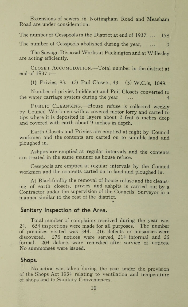 Extensions of sewers in Nottingham Road and Measham Road are under consideration. The number of Cesspools in the District at end of 1937 ... 158 The number of Cesspools abolished during the year, ... 0 The Sewage Disposal Works at Packington and at Willesley are acting efficiently. Closet Accomodation.—Total number in the district at end of 1937 :— (1) Privies, 83. (2) Pail Closets, 43. (3) W.C.’s, 1049. Number of privies (middens) and Pail Closets converted to the water carriage system during the year ... ... 4 Public Cleansing.—House refuse is collected weekly by Council Workmen with a covered motor lorry and carted to tips where it is deposited in layers about 2 feet 6 inches deep and covered with earth about 9 inches in depth. Earth Closets and Privies are emptied at night by Council workmen and the contents are carted on to suitable land and ploughed in. Ashpits are emptied at regular intervals and the contents are treated in the same manner as house refuse. Cesspools are emptied at regular intervals by the Council workmen and the contents carted on to land and ploughed in. At Blackfordby the removal of house refuse and the cleans- ing of earth closets, privies and ashpits is carried out by a Contractor under the supervision of the Councils’ Surveyor in a manner similar to the rest of the district. Sanitary Inspection of the Area. Total number of complaints received during the year was 24. 654 inspections were made for all purposes. The number of premises visited was 344. 216 defects or nuisances were discovered. 276 notices were served, 214 informal and 26 formal. 204 defects were remedied after service of notices. No summonses were issued. Shops. No action was taken during the year under the provision of the Shops Act 1934 relating to ventilation and temperature of shops and to Sanitary Conveniences.