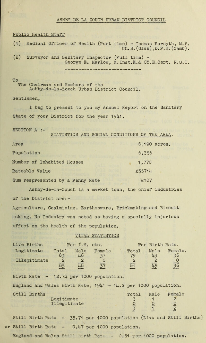 ASHBY DE LA ZOUCH URBAN DISTRICT COUNCIL Public Health Staff (1) Medical Officer of Health (Part time) - Thomas Forsyth, M.B. Ch.B.(Glas),D.P.H.(Carrib). (2) Surveyor and Sanitary Inspector (Full time) - George E. Marlow, M. Inst.M-.A CY.E.Cert. R.S.I. To The Chairman and Members of the Ashby-de-la-Zouch Urban District Council. Gentlemen, I beg to present to you my Annual Report on the Sanitary State of your District for the year 1941. SECTION A STATISTICS AND SOCIAL CONDITIONS OF THE AREA. Area 6,190 acres Population 6,356 Number of Inhabited Houses 1 ,770 Rateable Value £35714 Sum respresented by a Penny Rate £107 Ashby-de-la-Zouch is a market town, the chief industries of the District are:- Agriculture, Coalmining, Earthenv/are, Brickmaking and Biscuit making. No Industry was noted as having a specially injurious effect on the health of the population. VITAL STATISTICS Live Births For i.M. etc. For Birth Rate. Legitimate Total Male Female Total Male Female 83 46 37 79 43 36 Illegitimate 2 2 0 2 2 0 85 48 37 81_ 45 36 Birth Rate 12.74 per 1000 population. England and Wales Birth Rate , 1941 - 14.2 per 100C ) population. Still Births Total Male Female Legitimate 3 1 2 Illegitimate 0 0 0 3 1 2 Still Birth Rate - 35.71 per 1000 population (Live and Still Birth or Still Birth Rate - 0.47 per 1C00 population.