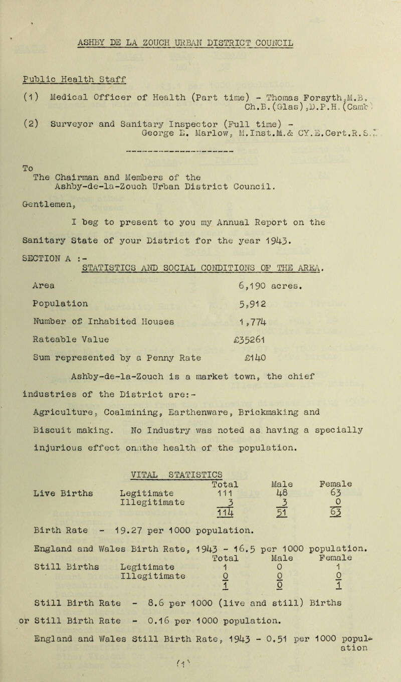 ASHBY DE LA ZOUCH URBAN DISTRICT COUNCIL Public Health Staff (1) Medical Officer of Health (Part time) - Thomas ForsythSM.B, Ch.B.(Glas),D.P.H.(Camb (2) Surveyor and Sanitary Inspector (Full time) - George E. Marlow, M.Inst.fit.& CY.E.Cert,R.S. To The Chairman and Members of the Ashby-de-la-Zouch Urban District Council. Gentlemen, I beg to present to you my Annual Report on the Sanitary State of your District for the year 1943* SECTION A :- STATISTICS AND SOCIAL CONDITIONS OF THE AREA. Area Population Number of Inhabited Houses Rateable Value Sum represented by a Penny Rate Ashby-de-la-Zouch is a market town, the chief industries of the District are:- Agriculture, Coalmining, Earthenware, Brickmaking and 6,190 acres. 3,912 1 ,774 £35261 £140 Biscuit making. No Industry was noted as having a specially injurious effect onuthe health . of the population. VITAL STATISTICS Total Male Female Live Births Legitimate 111 48 63 Illegitimate 3 3 0 114 51 M Birth Rate 19.27 per 1000 population. England and Wales Birth Rate, 1943 - 16.5 per 1000 population Total Male Female Still Births Legitimate 1 0 1 Illegitimate 0 0 0 1 0 1 Still Birth Rate - 8.6 per 1000 (live and still) Births or Still Birth Rate - 0.16 per 1000 population. England and Wales Still Birth Rate, 1943 - 0,51 per 1000 populs- ation