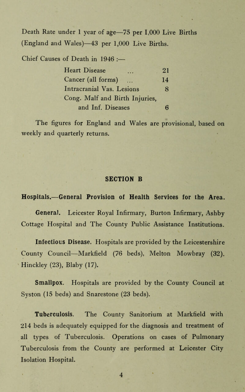 Death Rate under 1 year of age—75 per 1,000 Live Births (England and Wales)—43 per 1,000 Live Births. Chief Causes of Death in 1946 :— Heart Disease Cancer (all forms) Intracranial Vas. Lesions Cong. Malf and Birth Injuries, 21 14 8 and Inf. Diseases 6 The figures for England and Wales are provisional, based on weekly and quarterly returns. SECTION B Hospitals.—General Provision of Health Services for the Area. General. Leicester Royal Infirmary, Burton Infirmary, Ashby Cottage Hospital and The County Public Assistance Institutions. Infectious Disease. Hospitals are provided by the Leicestershire County Council—Markfield (76 beds), Melton Mowbray (32). Hinckley (23), Blaby (17). Smallpox. Hospitals are provided by the County Council at Syston (15 beds) and Snarestone (23 beds). Tuberculosis. The County Sanitorium at Markfield with 214 beds is adequately equipped for the diagnosis and treatment of all types of Tuberculosis. Operations on cases of Pulmonary Tuberculosis from the County are performed at Leicester City Isolation Hospital.