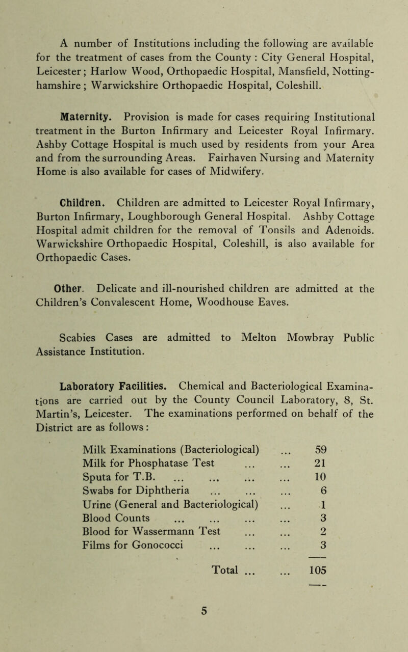 A number of Institutions including the following are available for the treatment of cases from the County : City General Hospital, Leicester; Harlow Wood, Orthopaedic Hospital, Mansfield, Notting- hamshire ; Warwickshire Orthopaedic Hospital, Coleshill. Maternity. Provision is made for cases requiring Institutional treatment in the Burton Infirmary and Leicester Royal Infirmary. Ashby Cottage Hospital is much used by residents from your Area and from the surrounding Areas. Fairhaven Nursing and Maternity Home is also available for cases of Midwifery. Children. Children are admitted to Leicester Royal Infirmary, Burton Infirmary, Loughborough General Hospital. Ashby Cottage Hospital admit children for the removal of Tonsils and Adenoids. Warwickshire Orthopaedic Hospital, Coleshill, is also available for Orthopaedic Cases. Other. Delicate and ill-nourished children are admitted at the Children’s Convalescent Home, Woodhouse Eaves. Scabies Cases are admitted to Melton Mowbray Public Assistance Institution. Laboratory Facilities. Chemical and Bacteriological Examina- tions are carried out by the County Council Laboratory, 8, St. Martin’s, Leicester. The examinations performed on behalf of the District are as follows : Milk Examinations (Bacteriological) ... 59 Milk for Phosphatase Test ... ... 21 Sputa for T.B. ... ... ... ... 10 Swabs for Diphtheria ... ... ... 6 Urine (General and Bacteriological) ... 1 Blood Counts ... ... ... ... 3 Blood for Wassermann Test ... ... 2 Films for Gonococci ... ... ... 3 Total 105