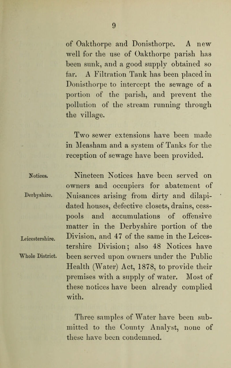 Notices. Derbyshire. Leicestershire. Whole District. of Oakthorpe and Donisthorpe. A new well for the use of Oakthorpe parish has been sunk, and a good supply obtained so far. A Filtration Tank has been placed in Donisthorpe to intercept the sewage of a portion of the parish, and prevent the pollution of the stream running through the village. Two sewer extensions have been made in Measham and a system of Tanks for the reception of sewage have been provided. Nineteen Notices have been served on owners and occupiers for abatement of Nuisances arising from dirty and dilapi- dated houses, defective closets, drains, cess- pools and accumulations of offensive matter in the Derbyshire portion of the Division, and 47 of the same in the Leices- tershire Division; also 48 Notices have been served upon owners under the Public Health (Water) Act, 1878, to provide their premises with a supply of water. Most of these notices have been already complied wuth. Three samples of Water have been sub- mitted to the County Analyst, none of these have been condemned.