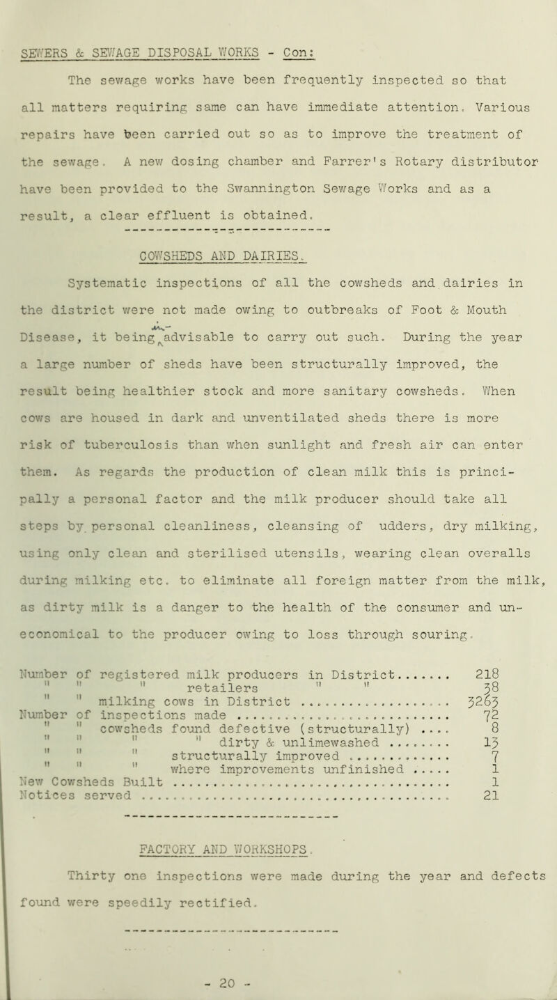 SEWERS & SEWAGE DISPOSAL WORKS - Con: The sewage works have been frequently inspected so that all matters requiring same can have immediate attention. Various repairs have been carried out so as to improve the treatment of the sewage- A new dosing chamber and Farrer's Rotary distributor have been provided to the Swannington Sewage Works and as a result, a clear effluent is obtained. COWSHEDS AND DAIRIES. Systematic inspections of all the cowsheds and dairies in the district were not made owing to outbreaks of Foot & Mouth Disease, it beingradvisable to carry out such. During the year a large number of sheds have been structurally improved, the result being healthier stock and more sanitary cowsheds. When cows are housed in dark and unventilated sheds there is more risk of tuberculosis than when sunlight and fresh air can enter them. As regards the production of clean milk this is princi- pally a personal factor and the milk producer should take all steps by personal cleanliness, cleansing of udders, dry milking, using only clean and sterilised utensils, wearing clean overalls during milking etc. to eliminate all foreign matter from the milk, as dirty milk is a danger to the health of the consumer and un- economical to the producer owing to loss through souring. Humber of registered milk producers in District..  retailers ”  ' milking cows in District .............. Humber of inspections made cowsheds found defective (structurally)  dirty & unlimewashed ... structurally improved ........ where improvements unfinished New Cowsheds Built Notices served 218 32I3 7§ 13 7 1 1 21 FACTORY AND WORKSHOPS. Thirty one inspections were made during the year and defects found were speedily rectified. 20