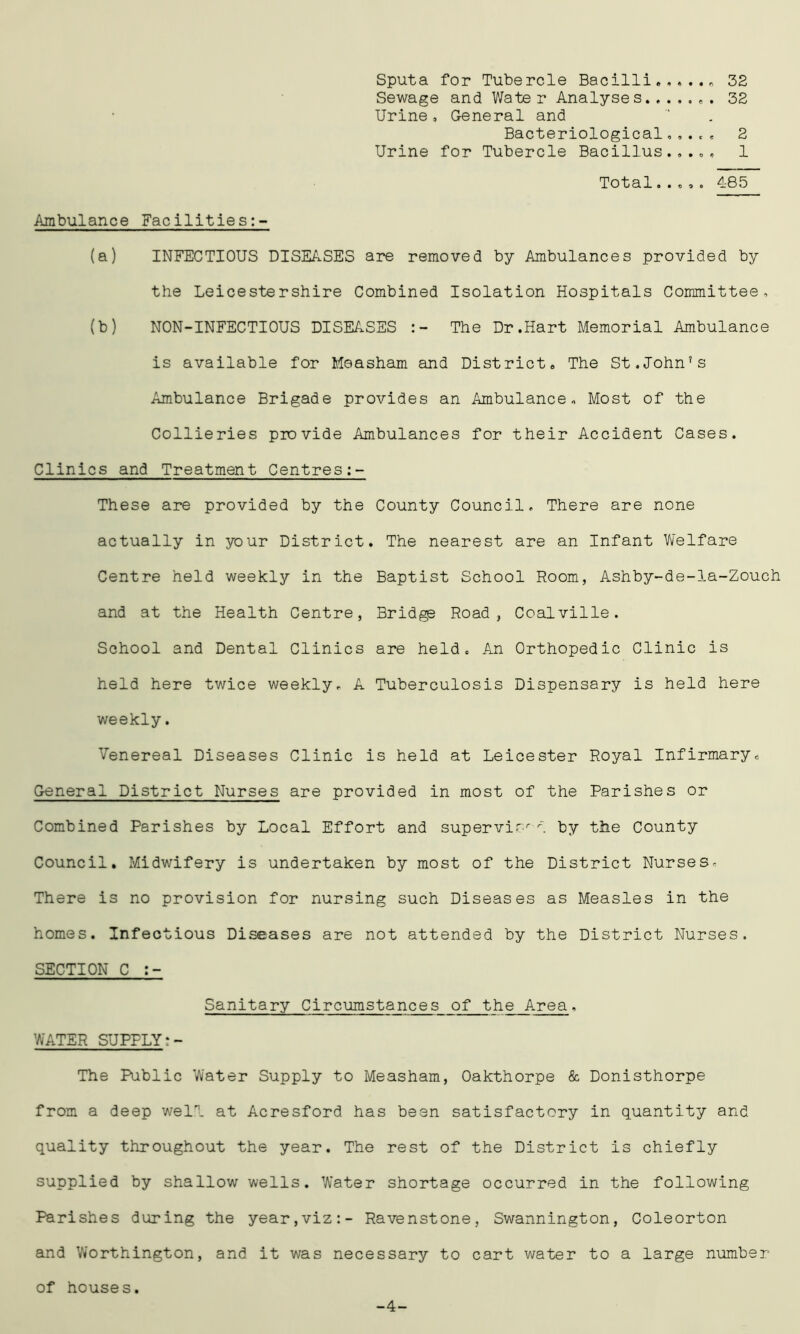 Sputa for Tubercle Bacilli« 32 Sewage and Wate r Analyses. 32 Urine , G-eneral and Bacteriologicalc« 2 Urine for Tubercle Bacillus..... 1 Total. ..,. 485 Ambulance Facilities:- (a) INFECTIOUS DISEASES are removed by Ambulances provided by the Leicestershire Combined Isolation Hospitals Committee, (b) NON-INFECTIOUS DISEASES The Dr.Hart Memorial Ambulance is available for Measham and District. The St.John’s Ambulance Brigade provides an Ambulance, Most of the Collieries provide Ambulances for their Accident Cases. Clinics and Treatment Centres These are provided by the County Council, There are none actually in your District. The nearest are an Infant Welfare Centre held weekly in the Baptist School Room, Ashby-de-la-Zouch and at the Health Centre, Bridge Road, Coalville. School and Dental Clinics are held. An Orthopedic Clinic is held here twice weekly, A Tuberculosis Dispensary is held here weekly. Venereal Diseases Clinic is held at Leicester Royal Infirmary. General District Nurses are provided in most of the Parishes or Combined Parishes by Local Effort and supervirr1 by the County Council. Midwifery is undertaken by most of the District Nurses, There is no provision for nursing such Diseases as Measles in the homes. Infectious Diseases are not attended by the District Nurses. SECTION C Sanitary Circumstances of the Area, WATER SUPPLY The Public Water Supply to Measham, Oakthorpe & Donisthorpe from a deep well at Acresford has been satisfactory in quantity and quality throughout the year. The rest of the District is chiefly supplied by shallow wells. Water shortage occurred in the following Parishes during the year,viz:- Ravenstone, Swannington, Coleorton and Worthington, and it was necessary to cart water to a large number of houses. -4-