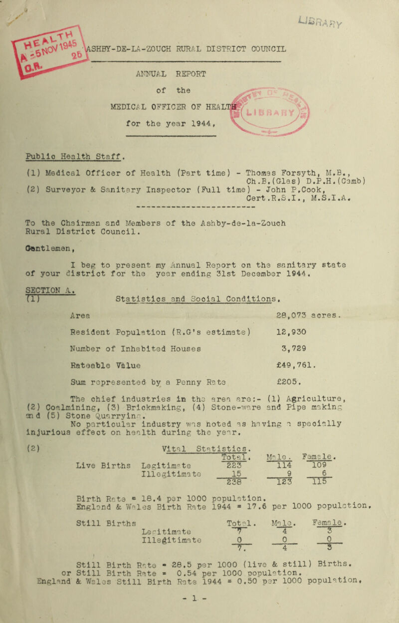 Public Health Staff. (1) Medical Officer of Health (Part time) - Thomas Forsyth, M.B., Ch.B.(Glas) D.P.H.(Camb) (2) Surveyor & Sanitary Inspector (Full time) - John P.Cook, Cert.R.S.I., M.S.I.A. To the Chairman and Members of the Ashby-de-la-Zouch Rural District Council. Gentlemen, I beg to present my Annual Report on the sanitary state of your district for the year ending 31st December 1644. SECTION A. (1) Statisties and Sooial Conditions , Area Resident Population (R.G’s estimate) Number of Inhabited Houses 28,073 acres. 12,930 3,729 Rateable V&lue £49,761. Sum represented by a Penny Rate £205. The chief industries in the area are:- (1) Agriculture, (2) Coalmining, (3) Brickmaking, (4) Stone-ware and Pipe making aid (5) Stone Querryino. No particular industry was noted as having a specially injurious effect on health during the year. (2) Live Births Vital Statistics. TotaT ♦ Legitimate 223 Illegitimate 15 238 Male. Female. 114 109 9 6 123 Tnr Birth Rate c 18.4 per 1000 population. England & Wales Birth Rate 1944 = 17.6 per 1000 population Still Births Legitimate Illegitimate Total. Male. Female. — 0 _0_ 4 3 j , Still Birth Rate - 26.5 per 1000 (live & still) Births, or Still Birth Rate * 0.54 per 1000 copulation, England & Wales Still Birth Rate 1944 = 0.50 per 1000 population, 1