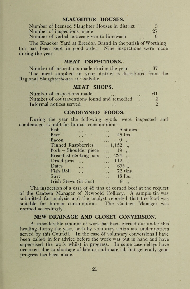 SLAUGHTER HOUSES. Number of licensed Slaughter Houses in district ... 3 Number of inspections made ... ... 27 Number of verbal notices given to limewash ... 0 The Knacker Yard at Breedon Brand in the parish of Worthing- ton has been kept in good order. Nine inspections were made during the year. MEAT INSPECTIONS. Number of inspections made during the year .. 37 The meat supplied in your district is distributed from the Regional Slaughterhouse at Coalville. MEAT SHOPS. Number of inspections made ... ... 61 Number of contraventions found and remedied ... 2 Informal notices served ... ... 2 CONDEMNED FOODS. During the year the following goods were inspected and condemned as unfit for human consumption: Fish ... ... 5 stones Beef ... ... 45 lbs. Bacon ... ... 9 ,, Tinned Raspberries ... 1,152 ,, Pork - Shoulder piece ... 19 ,, Breakfast cooking oats ... 224 ,, Dried peas ... ... 112 ,, Dates ... ... 67| ,, Fish Roll ... ... 72 tins Suet ... 18 lbs. Irish Stews (in tins) ... 6 ,, The inspection of a case of 48 tins of corned beef at the request of the Canteen Manager of Newbold Colliery. A sample tin was submitted for analysis and the analyst reported that the food was suitable for human consumption. The Canteen Manager was notified accordingly. NEW DRAINAGE AND CLOSET CONVERSION. A considerable amount of work has been carried out under this heading during the year, both by voluntary action and under notices served by this Council. In the case of voluntary conversions I have been called in for advice before the work was put in hand and have supervised the work whilst in progress. In some case delays have occurred due to shortage of labour and material, but generally good progress has been made.