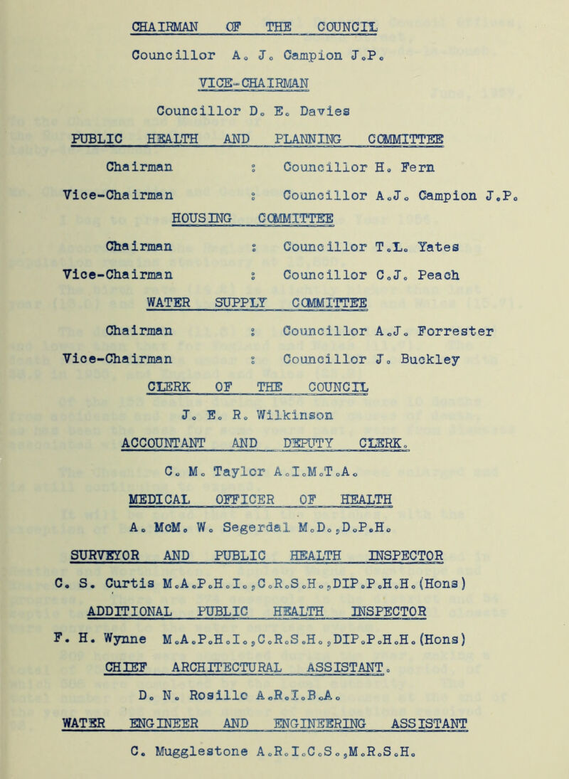 CHAIRMAN OF THE COUNCIL Councillor A0 J0 Campion J0PC VICE-CHAIRMAN Councillor D„ Ee Davies PUBLIC HEALTH AND PLANNING COMMITTEE Chairman % Councillor Ho Fern Vice-Chairman s Councillor Ado Campion J0Po HOUS INC C CMMITTEE Chairman s Councillor ToLo Yates Vice-Chairman s Councillor C0J0 Peach WATER SUPPLY C CMMITTEE Chairman s Councillor Ado Forrester Vice-Chairman ; Councillor J0 Buckley CU5RK OF THE COUNCIL Jo Eo R0 Wilkinson ACCOUNTANT AND DEPUTY CLERK. Co Mo Taylor AoI0M0ToAo MEDICAL OFFICER OF HEALTH A0 McMo Wo Segerdal MoDojDoP.Ho SURVEYOR AND PUBLIC HEALTH INSPECTOR C, S. Curtis M0A0P0H0I0jCoRoSoHo5DIP0P0H0H0(Hons) ADDITIONAL PUBLIC HEALTH INSPECTOR F. H. Wynne MoAoPoHoI*. sC0R0S.Ho sDIP0PoHoHo (Hons) CHIEF ARCHITECTURAL ASSISTANT 0 Do No Rosillc AoRoXoBoAo WATER ENGINEER AND ENGINEERING ASSISTANT C. Mugglestone A0R0I0C0S«sMoR0SoH0
