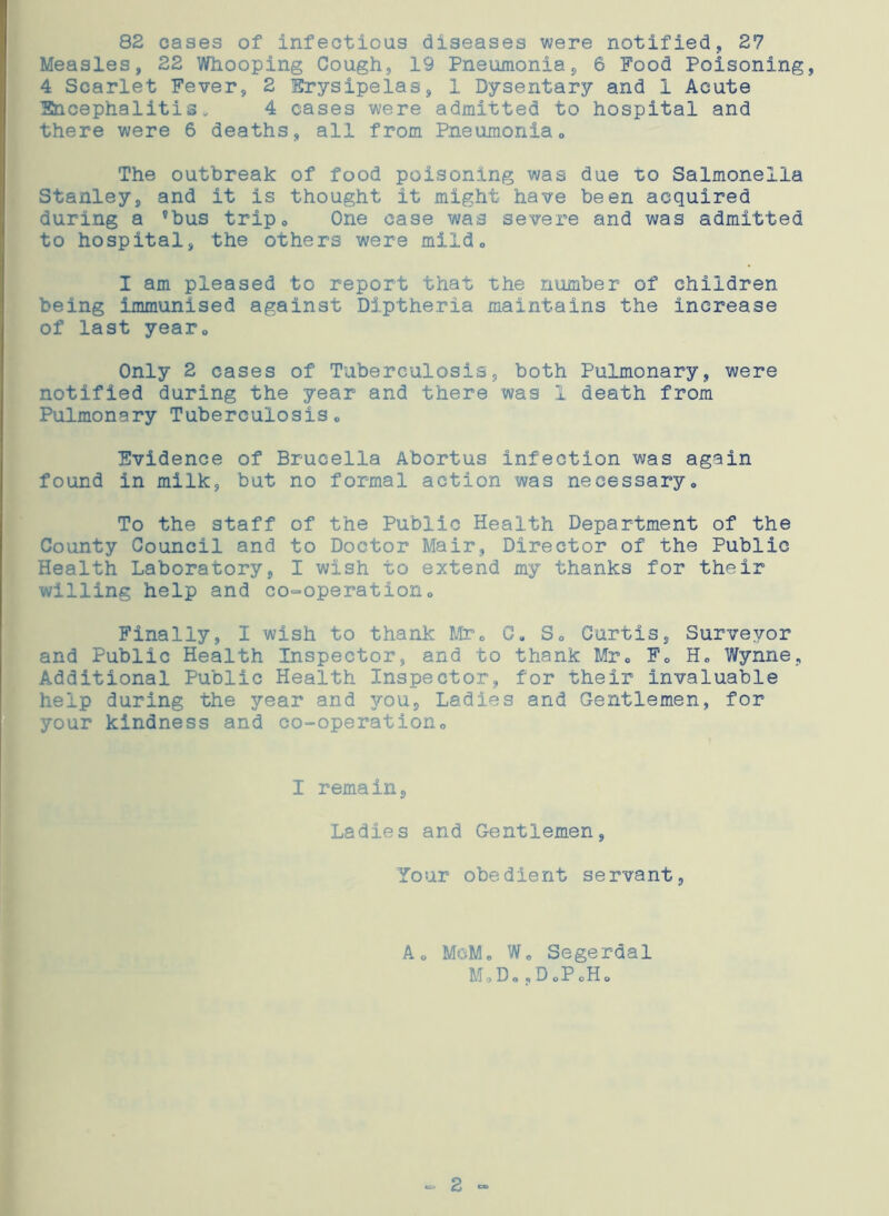 82 cases of infectious diseases were notified, 27 Measles, 22 Whooping Cough, 19 Pneumonia, 6 Food Poisoning, 4 Scarlet Fever, 2 Erysipelas, 1 Dysentery and 1 Acute Encephalitis.. 4 cases were admitted to hospital and there were 6 deaths, all from Pneumonia» The outbreak of food poisoning was due to Salmonella Stanley, and it is thought it might have been acquired during a vbus trip0 One case was severe and was admitted to hospital, the others were mildo I am pleased to report that the number of children being immunised against Diptheria maintains the increase of last yearc Only 2 cases of Tuberculosis, both Pulmonary, were notified during the year and there was 1 death from Pulmonary Tuberculosis„ Evidence of Brucella Abortus infection was again found in milk, but no formal action was necessary» To the staff of the Public Health Department of the County Council and to Doctor Mair, Director of the Public Health Laboratory, I wish to extend my thanks for their willing help and co-operation0 Finally, I wish to thank Mr„ C, S„ Curtis, Surveyor and Public Health Inspector, and to thank Mr. Fe H„ Wynne, Additional Public Health Inspector, for their invaluable help during the year and you. Ladies and Gentlemen, for your kindness and co-operation,, I remain, Ladies and C-entlemen, Your obedient servant, A„ McMe Wo Segerdal M.D.,DoPoHo - 2 -