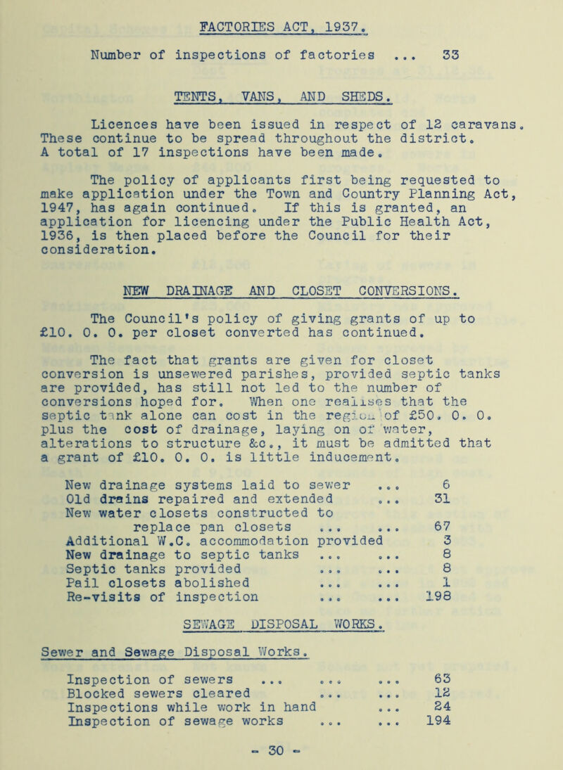 FACTORIES ACT, 1957 Number of inspections of factories ... 33 TENTS, VANS, AND SHEDS. Licences have been issued in respect of 12 caravans. These continue to be spread throughout the district. A total of 17 inspections have been made. The policy of applicants first being requested to make application under the Town and Country Planning Act, 1947, has again continued. If this is granted, an application for licencing under the Public Health Act, 1936, is then placed before the Council for their consideration. NEW DRAINAGE AND CLOSET CONVERSIONS. The Council’s policy of giving grants of up to £10. 0. 0. per closet converted has continued. The fact that grants are given for closet conversion is unsewered parishes, provided septic tanks are provided, has still not led to the number of conversions hoped for. When one realises that the septic tank alone can cost in the region of £50. 0. 0. plus the cost of drainage, laying on or water, alterations to structure &c., it must be admitted that a grant of £10. 0. 0. is little inducement. New drainage systems laid to sewer ... 6 Old drains repaired and extended ... 31 New water closets constructed to replace pan closets ... ... 67 Additional W.C. accommodation provided 3 New drainage to septic tanks ... ... 8 Septic tanks provided ... ... 8 Pail closets abolished ... ... 1 Re-visits of inspection ... ... 198 SEWAGE DISPOSAL WORKS. Sewer and Sewage Disposal Works. Inspection of sewers ... ... ... 63 Blocked sewers cleared ... ... 12 Inspections while work in hand ... 24 Inspection of sewage works ... ... 194 - 30 -