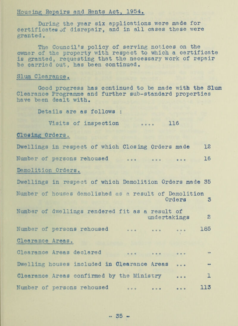 Housing Repairs and Rents Act, 1954, During the year six applications were made for certificates of disrepair, and in all cases these were granted . The Councils policy of serving notices on the owner of the property with respect to which a certificate is granted, requesting that the necessary work of repair be carried out, has been continuedc Slum Clearancee Good progress has continued to be made with the Slum Clearance Programme and further sub-standard properties have been dealt with. Details are as follows : Visits of inspection O0oo 116 Closing Orders. Dwellings in respect of which Closing Orders made .12 Number of persons rehoused ... ... ... 16 Demolition Orders. Dwellings in respect of which Demolition Orders made 55 Number of houses demolished as a result of Demolition Orders 5 Number of dwellings rendered fit as a result of undertakings 2 Number of persons rehoused ... ... . „ . 185 l Clearance Areas. Clearance Areas declared ... ... ... Dwelling houses included in Clearance Areas ... Clearance Areas confirmed by the Ministry ... Number of persons rehoused ... ... ... 1 115 - 55 -