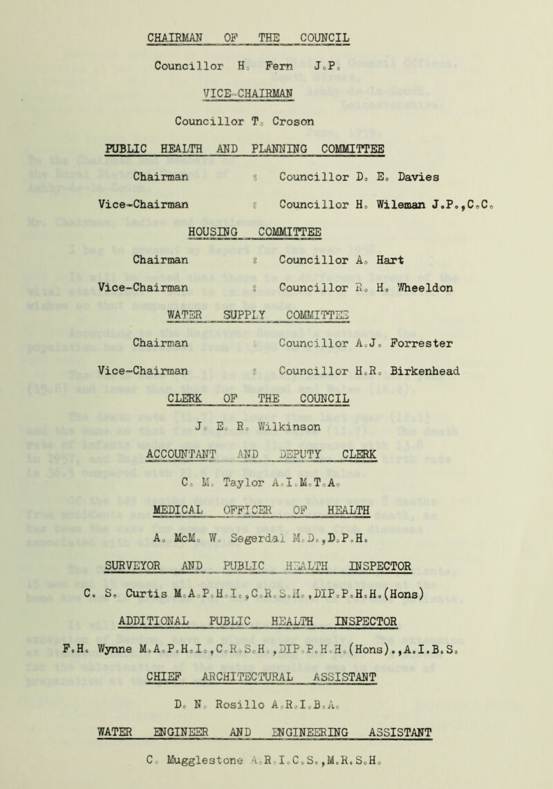 CHAIRMAN OP THE COUNCIL Councillor H; Pern JoP0 VICE-CHAIRMAN Councillor T0 Croson PUBLIC HEALTH AND PLANNING COMMITTEE Chairman 8 Councillor Do E0 Davies Vice-Chairman g Councillor Ho Wileman J.Po,CoCc HOUSING COMMITTEE Chairman § Councillor Ao Hart Vice-Chairman t Councillor Ra Ho Wheeldon WATER SUPPLY COMMITTEE Chairman Councillor ACJ0 Forrester Vice-Chairman § Councillor HcR= Birkenhead CLERK OF THE COUNCIL Jc. Ec Ro Wilkinson ACCOUNTANT AND DEPUTY CLERK Co Mo Taylor AdoMoToAo MEDICAL OFFICER OF HEALTH Ag McMo Wg Segerdal M0D0jD^P.H* SURVEYOR AND PUBLIC HEALTH INSPECTOR C. S, Curtis MoA:PcH,Io9CoRoSJIe,DIPoPoHoH,(Hons) ADDITIONAL PUBLIC HEALTH INSPECTOR FoHo Wynne MA.PoHJ,, C,-R3ScHo ,DIPSP9H.H<. (Hons). ,A.I.BtSa CHIEF ARCHITECTURAL ASSISTANT Do N; Rosillo AeRoIoBsAo WATER ENGINEER AND ENGINEERING ASSISTANT Co Mugglestone AeRoIoC0Se,M.R.SoHo