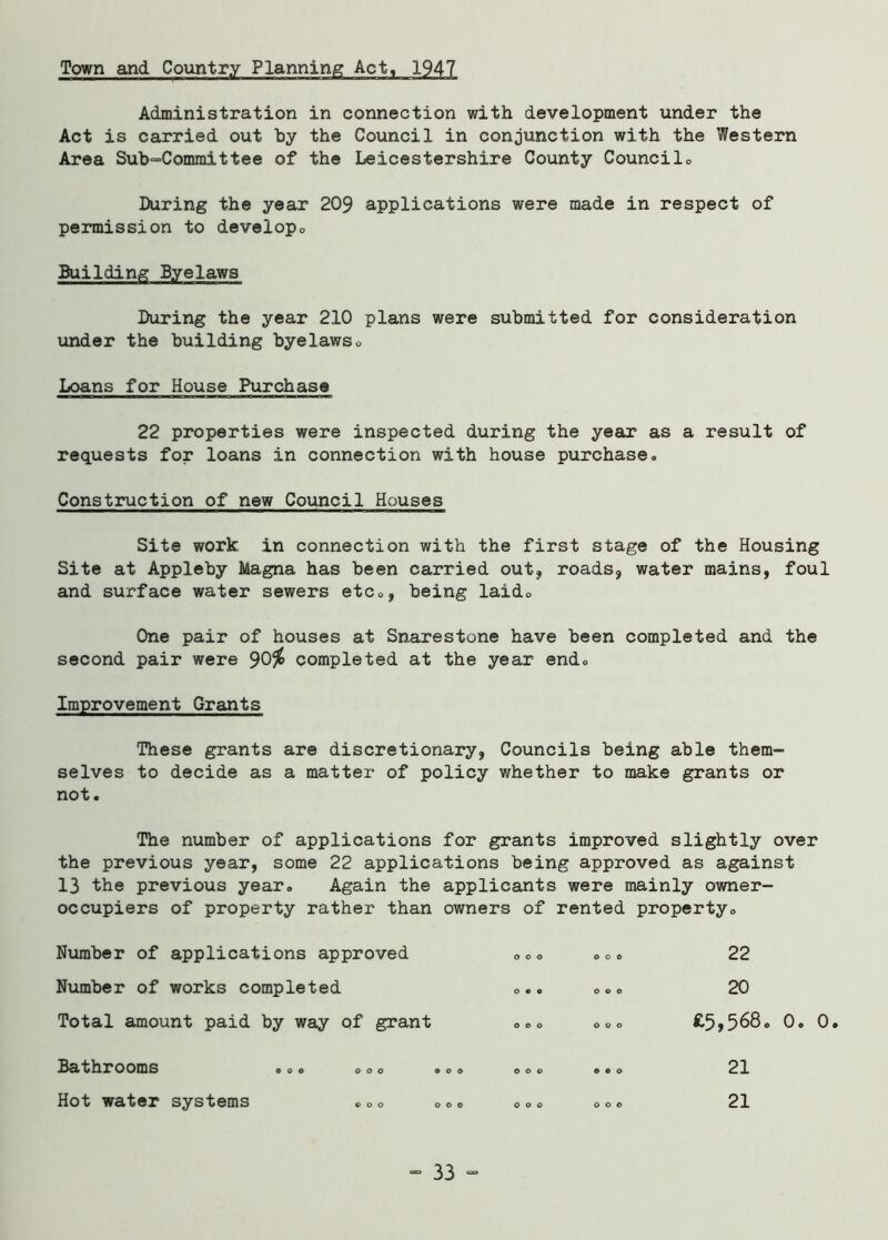 Town and Country Planning Act, 1947 Administration in connection with development under the Act is carried out by the Council in conjunction with the Western Area Sub-Committee of the Leicestershire County Councilo During the year 209 applications were made in respect of permission to deveiop0 Building Byelaws During the year 210 plans were submitted for consideration under the building byelaws® Loans for House Purchase 22 properties were inspected during the year as a result of requests for loans in connection with house purchase® Construction of new Council Houses Site work in connection with the first stage of the Housing Site at Appleby Magna has been carried out, roads, water mains, foul and surface water sewers etc®, being laido One pair of houses at Snarestone have been completed and the second pair were 90$ completed at the year end® Improvement Grants These grants are discretionary, Councils being able them- selves to decide as a matter of policy whether to make grants or not. The number of applications for grants improved slightly over the previous year, some 22 applications being approved as against 13 the previous year® Again the applicants were mainly owner- occupiers of property rather than owners of rented property® Number of applications approved O0o ®o® 22 Number of works completed <>.. ®®® 20 Total amount paid by way of grant £5,568® 0. 0. © o o o o o ® o o © o © ©CO o o o o o o 21 21 Bathrooms Hot water systems coo - 33 - o o o