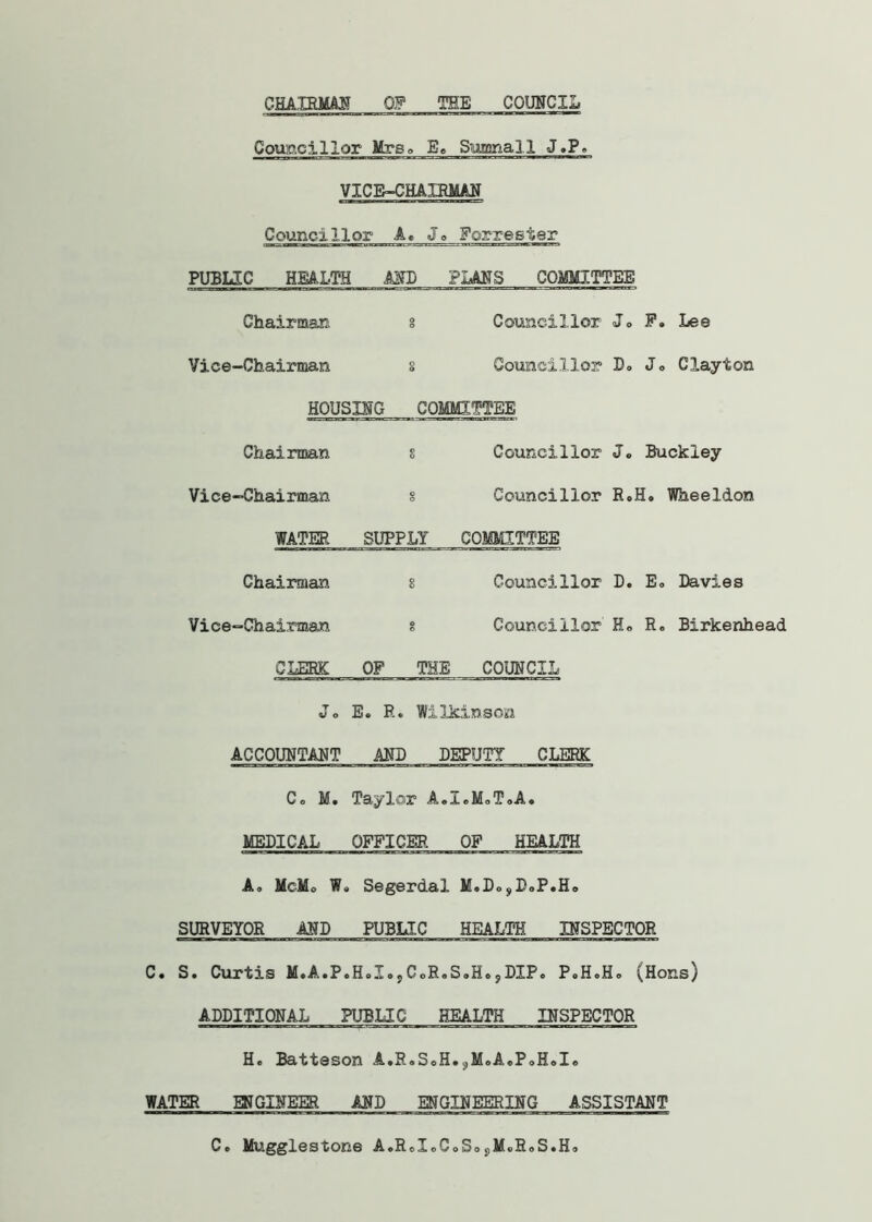 CHAIRMAN OF THE COUNCIL Councillor Mrs., Ee SnmnaXl J»P» VICE-CHAIRMAN Councillor Ac J° Forrester PUBLIC HEALTH AND PLANS COMMITTEE Chairman 8 Councillor Jo F» Lee Vice-Chairman § Councillor Bo Jo Clayton HOUSING COMMITTEE Chairman s Councillor Jo Buckley Vice-Chairman 8 Councillor R.H. Wheeldon WATER SUPPLY COMMITTEE Chairman 8 Councillor D. E» Davies Vice-Chairman 8 Councillor H« Re Birkenhead CLERK OF THE COUNCIL Jo E. R. Wilkinson ACCOUNTANT AND DEPUTY CLERK Co M. Taylor A.IoMoToA. MEDICAL OFFICER OF HEALTH A, McMo W« Segerdal M.DoyDoP.Ho SURVEYOR AND PUBLIC HEALTH INSPECTOR C. S. Curtis MoA.P.HolojCoRoSoHoyDIPo P«H«Ho (Hons) ADDITIONAL PUBLIC HEALTH INSPECTOR Ho Batteson AoP.oSoH#^MoA©PoHoI© WATER ENGINEER AND ENGINEERING ASSISTANT Co Muggiestone AoRoXoCoSo^MoRoSoHo