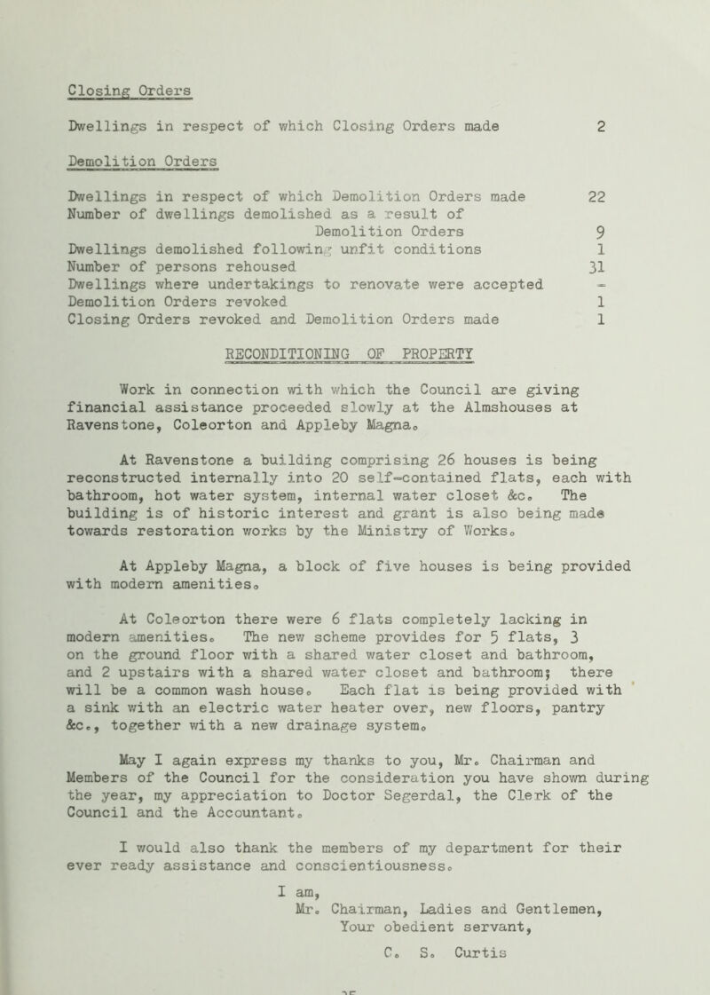 Closing Orders Dwellings in respect of which Closing Orders made 2 Demolition Orders Dwellings in respect of which Demolition Orders made 22 Number of dwellings demolished as a result of Demolition Orders 9 Dwellings demolished following unfit conditions 1 Number of persons rehoused 31 Dwellings where undertakings to renovate were accepted - Demolition Orders revoked 1 Closing Orders revoked and Demolition Orders made 1 RECONDITIONING OF PROPERTY Work in connection with which the Council are giving financial assistance proceeded slowly at the Almshouses at Ravens tone, Coleorton and Appleby Magna<> At Ravenstone a building comprising 26 houses is being reconstructed internally into 20 self-contained flats, each with bathroom, hot water system, internal water closet &c» The building is of historic interest and grant is also being made towards restoration works by the Ministry of Works <> At Appleby Magna, a block of five houses is being provided with modern amenities0 At Coleorton there were 6 flats completely lacking in modern amenitieso The new scheme provides for 5 flats, 3 on the ground floor with a shared water closet and bathroom, and 2 upstairs with a shared water closet and bathroom! there will be a common wash houseo Each flat is being provided with a sink with an electric water heater over, new floors, pantry &Ce, together with a new drainage system0 May I again express my thanks to you, Mrc Chairman and Members of the Council for the consideration you have shown during the year, my appreciation to Doctor Segerdal, the Clerk of the Council and the Accountant0 I would also thank the members of my department for their ever ready assistance and conscientiousness» I am, Mr„ Chairman, Ladies and Gentlemen, Your obedient servant, C„ So Curtis