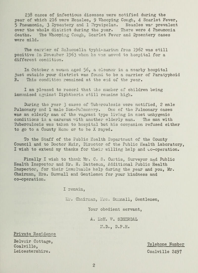 238 cases of infectious diseases were notified during the year of which 216 were Measles, 9 Whooping Cough, 4 Scarlet Fever, 5 Pneumonia, 3 Dysentery and 1 Erysipelas. Measles war prevalent over the whole district during the year. There v/ere 4 Pneumonia deaths. The Whooping Cough, Scarlet Fever and Dysentery cases were mild. The carrier of Salmonella typhi-murium from 1962 was still positive in Dove liber 1963 when he was moved to hospital for a different condition. In October a woman aged 56, a cleaner in a nearby hospital just outside your district was found to be a carrier of Paratyphoid B, This condition remained at the end of the year. I am pleased to record that the number of children being immunised against Diphtheria still remains high. During the year 3 cases of Tuberculosis were notified, 2 male Pulmonary and 1 male Don-Pulmonary. One of the Pulmonary cases was an elderly man of the vagrant type living in most unhygenic conditions in a caravan with another elderly man. The man with 'Tuberculosis v.ras taken to hospital but his companion refused either to go to a County Home or to be X rayed. To the Staff of the Public Health Department of the County Council and to Doctor Mair, Director of the Public Health Laboratory, I wish to extend my thanks for their willing help and co-operation. Finally I wish to thank Mr. C. S. Curtis, Surveyor and Public Health Inspector and Mr. H. Eatteson, Additional Public Health Inspector, for their invaluable help during the year and you, Mr. Chairman, Mrs. Sumnall and Gentlemen for your kindness and co-operation. I remain, Mr. Chairman, Mrs, Sumnall, Gentlemen, Your obedient servant, A. McM. W. SSGERDAL M.D., D.P.H. Telehone Dumber Coalville 2497 Private Residence Belvoir Cottage, Coalville, Leicestershire. 2