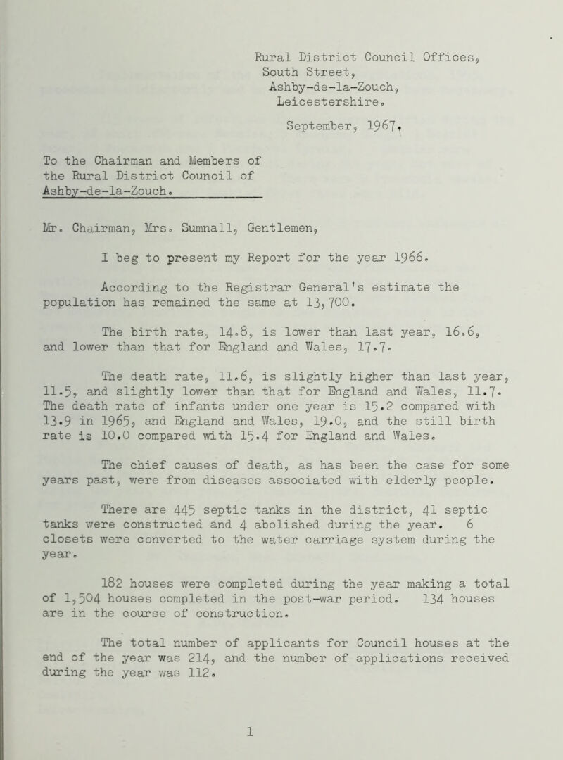 Rural District Council Offices, South Street, Ashby-de-la-Zouch, Leicestershire. September, 1967» To the Chairman and Members of the Rural District Council of Ashby-de-la-Zouch. Mr. Chairman, Mrs. Sumnall, Gentlemen, I beg to present my Report for the year 1966. According to the Registrar General's estimate the population has remained the same at 13?700. The birth rate, 14«8, is lower than last year, 16.6, and lower than that for England and Wales, 17.7« The death rate, 11.6, is slightly higher than last year, 11-5, and slightly lower than that for England and Wales, 11.7* The death rate of infants under one year is 15*2 compared with 13.9 in 1965? and England and Wales, 19.0, and the still birth rate is 10.0 compared with 15.4 for England and Wales. The chief causes of death, as has been the case for some years past, were from diseases associated with elderly people. There are 445 septic tanks in the district, 41 septic tanks were constructed and 4 abolished during the year. 6 closets were converted to the water carriage system during the year. 182 houses were completed during the year making a total of 1,504 houses completed in the post-war period. 134 houses are in the course of construction. The total number of applicants for Council houses at the end of the year was 214, and the number of applications received during the year was 112. 1