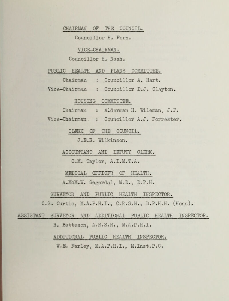 CHAIRMAN OP THE COUNCIL Councillor H. Pern. VICE-CHAIRMAN. Councillor H. Nash. PUBLIC HEALTH AND PLANS COMMITTEE. Chairman s Councillor A. Hart. Vice-Chairman s Councillor D.J. Clayton. HOUSING COMMITTEE. Chairman s Alderman H. Wileman, J.P. Vice-Chairman. s Councillor A.J. Forrester. CLERK OF THE COUNCIL. J.E.R. Wilkinson. ACCOUNTANT AND DEPUTY CLERK. C.M. Taylor, A.I.M.T.A. MEDICAL OFFICFR OF HEALTH. A.McM.W. Segerdal, M.D., D.P.H. SURVEYOR AND PUBLIC HEALTH INSPECTOR. C.S. Curtis, M.A.P.H.I., C.R.S.H., D.P.H.H. (Hons). ASSISTANT SURVEYOR AND ADDITIONAL PUBLIC HEALTH INSPECTOR. H. Batteson, A.R.S.H., M.A.P.H.I. ADDITIONAL PUBLIC HEALTH INSPECTOR. W.E. Farley, M.A.P.H.I., M.Inst.P.C