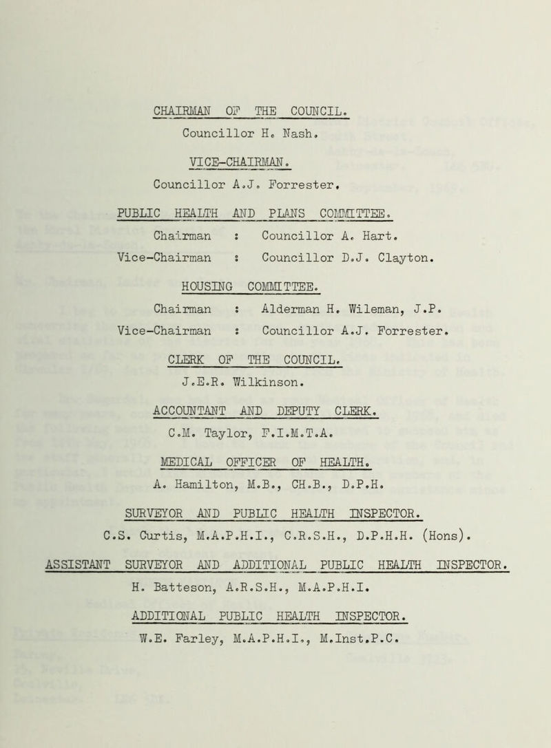 CHAPMAN 0? THE COUNCIL. Councillor H. Nash. VICE-CHAIRMAN. Councillor A.J. Forrester, PUBLIC HEALTH AND PLANS COMMITTEE. Chairman ; Councillor A. Hart. Vice-Chairman s Councillor D.J. Clayton. HOUSING COMMITTEE. Chairman : Alderman H. Wileman, J.P. Vice-Chairman ; Councillor A.J, Forrester. CLERK OF THE COUNCIL, J.E.R. Wilkinson. ACCOUNTANT AND DEPUTY CLERK. C.M. Taylor, F.I.M.T.A. MEDICAL OFFICER OF HEALTH. A. Hamilton, M.B., CH.B., D.P.H. SURVEYOR AND PUBLIC HEALTH INSPECTOR. C.S. Curtis, M.A.P.H.I., C.R.S.H., D.P.H.H. (Hons). ASSISTANT SURVEYOR AND ADDITIONAL PUBLIC HEALTH INSPECTOR. H. Batteson, A.R.S.H., M.A.P.H.I. ADDITIONAL PUBLIC HEALTH INSPECTOR. W.E. Farley, M.A.P.H.I,, M.Inst.P.C