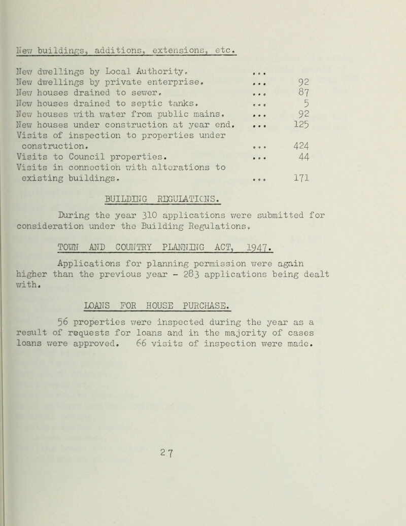 Hew buildings, additions, extensions, etc. New dwellings by Local Authority. ... New dwellings by private enterprise, 92 New houses drained to sewer, ... 87 New houses drained to septic tanks. ... 5 New houses with water from public mains, ... 92 New houses under construction at year end, ... 125 Visits of inspection to properties under construction. ... 424 Visits to Council properties. ... 44 Visits in connection with alterations to existing buildings. ... 171 BUILDING RLGULATICNS. During the year 310 applications were submitted for consideration under the Building Regulations. TOYJN AND COUNTRY PLANNING ACT, 1947- Applications for planning permission were again higher than the previous year - 283 applications being dealt with. LOANS FOR HOUSE PURCHASE. 56 properties were inspected during the year as a result of requests for loans and in the majority of cases loans were approved. 66 visits of inspection were made. 27