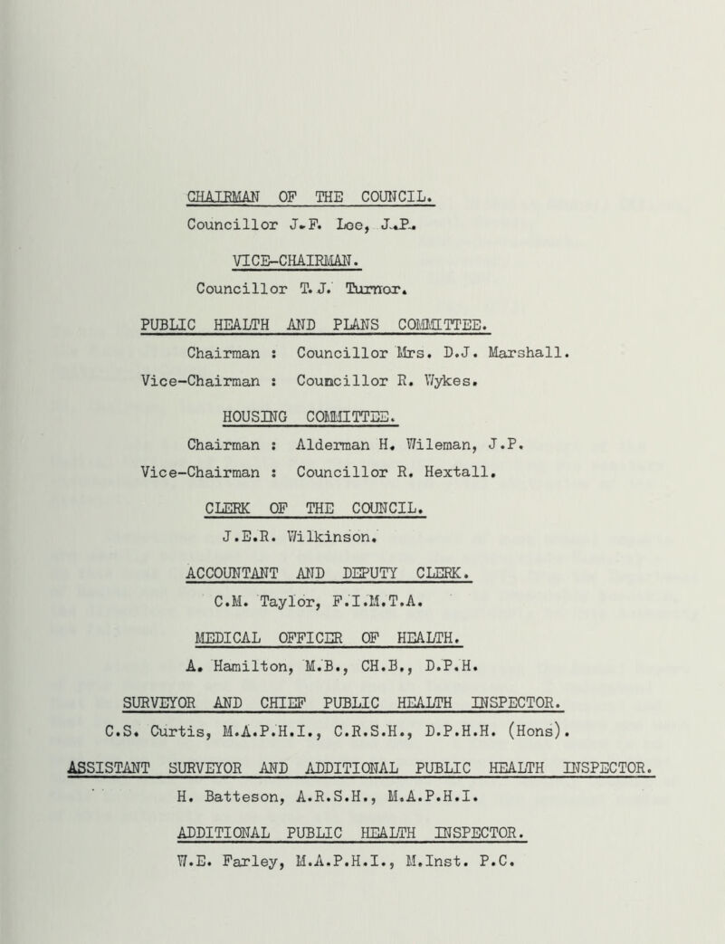 CHAIRMAN OF THE COUNCIL, Councillor J*F. Loe, VICE-CHAIRMAN. Councillor T. J. Tumor. PUBLIC HEALTH AND PLANS COMMITTEE. Chairman : Councillor Mrs. D.J. Marshall. Vice-Chairman : Councillor R. Wykes. HOUSING COMMITTEE. Chairman : Alderman H« Wileman, J.P. Vice-Chairman : Councillor R. Hextall. CLERK OF THE COUNCIL. J.E.R. Wilkinson. ACCOUNTANT AND DEPUTY CLERK. C.M. Taylor, F.I.M.T.A. HELICAL OFFICER OF HEALTH. A. Hamilton, M.B., CH.B,, D.P.H. SURVEYOR ANL CHIEF PUBLIC HEALTH INSPECTOR. C.S. Curtis, M.A.P.H.I., C.R.S.H., L.P.H.H. (Hons). ASSISTANT SURVEYOR ANL ADDITIONAL PUBLIC HEALTH INSPECTOR. H. Batteson, A.R.S.H., M.A.P.H.I. ADDITIONAL PUBLIC HEALTH INSPECTOR. W.E. Farley, M.A.P.H.I., M.Inst. P.C