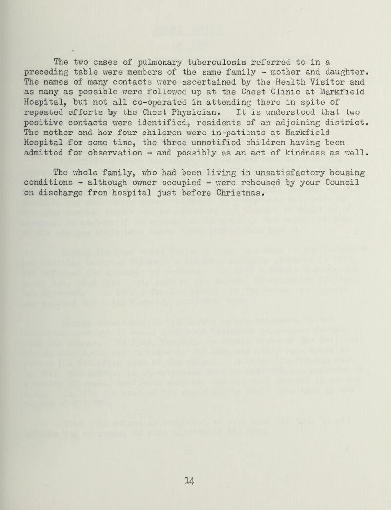 The two cases of pulmonary tuberculosis referred to in a preceding table were members of the same family - mother and daughter. The names of many contacts were ascertained by the Health Visitor and as many as possible were followed up at the Chest Clinic at Harkfield Hospital, but not all co-operated in attending there in spite of repeated efforts by the Chest Physician. It is understood that two positive contacts were identified, residents of an adjoining district. The mother and her four children were in-patients at Markfield Hospital for some time, the three unnotified children having been admitted for observation - and possibly as .an act of kindness as well. The whole family, who had been living in unsatisfactory housing conditions - although owner occupied - were rehoused by your Council on discharge from hospital just before Christmas. 14