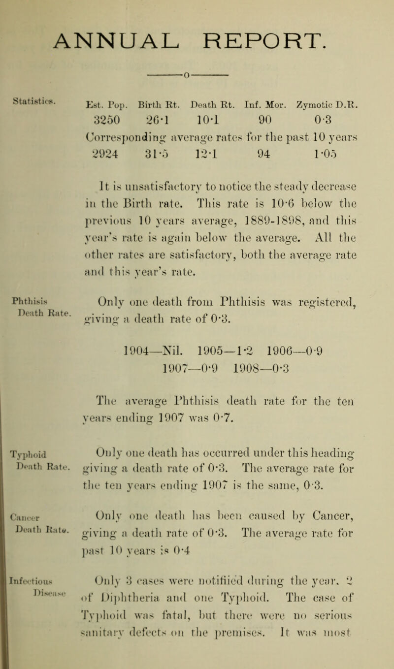 ANNUAL REPORT. Statistics. Phthisis Death Rate. Typhoid Death Rate. Cancer Death Ratu. Infectious Disease O Est. Pop. Birth Rt. Death Rt. Inf. Mor. Zymotic D.R. 3250 26*1 10*1 90 0 3 Corresponding average rates for the past 10 years 2924 31*5 12-1 94 1*05 It is unsatisfactory to notice the steady decrease in the Birth rate. This rate is 10-6 below the previous 10 years average, 1889-1898, and this year’s rate is again below the average. All the other rates are satisfactory, both the average rate and this year’s rate. Only one death from Phthisis was registered, giving a death rate of 0*3. 1904—Nil. 1905—1*2 1906—0 9 1907—0*9 1908—0*3 The average Phthisis death rate for the ten years ending 1907 was 0-7. Only one death has occurred under this heading giving a death rate of 0*3. The average rate for the ten years ending 1907 is the same, 0 3. Only one death lias been caused by Cancer, giving a death rate of 0*3. The average rate for past 10 years is 0*4 Only 3 cases were notiliied during the year. 2 of Diphtheria and one Typhoid. The case of Typhoid was fatal, but there were no serious sanitary defects on the premises. It was most