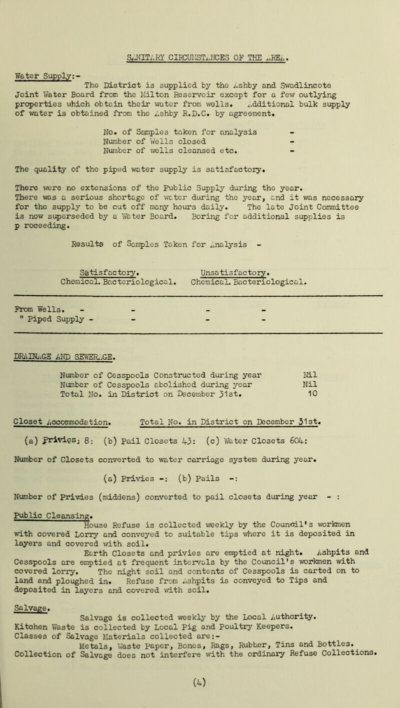 SaNITARY CIRCUMSTANCES OF THE aREA. Water Supply:- The District is supplied by the Ashby and Swadlincote Joint Water Board from the Milton Reservoir except for a few outlying properties which obtain their water from wells* Additional bulk supply of water is obtained from the Ashby R.D.C. by agreement. No. of Samples taken for analysis Number of Wells closed Number of wells cleansed etc. The quality of the piped water supply is satisfactory. There were no extensions of the Public Supply during the year. There was a serious shortage of water during the year, and it was necessary for the supply to be cut off many hours daily. The late Joint Committee is now superseded by a Water Board. Boring for additional supplies is p roceeding. Results of Samples Taken for Analysis - Satisfactory. Unsatisfactory. Chemical. Bacteriological. Chemical. Bacteriological. From Wells.  Piped Supply - DRAINAGE AND SEWERaGE. Number of Cesspools Constructed during year Nil Number of Cesspools abolished during year Nil Total No. in District on December 31st. 10 Closet Accommodation. Total No. in District on December 31st. (a) jpriviqs; g. (b) Pail Closets 43: (c) Water Closets 604: Number of Closets converted to water carriage system during year. (a) Privies (b) Pails Number of Privies (middens) converted to pail closets during year - : Public Cleansing. House Refuse is collected weekly by the Council's workmen with covered Lorry and conveyed to suitable tips where it is deposited in layers and covered with soil. Earth Closets and privies are emptied at night. Ashpits and Cesspools are emptied at frequent intervals by the Council's workmen with covered lorry. The night soil and contents of Cesspools is carted on to land and ploughed in. Refuse from Ashpits is conveyed to Tips and deposited in layers and covered with soil. Salvage. Salvage is collected weekly by the Local .Authority. Kitchen Waste is collected by Local Pig and Poultry Keepers. Classes of Salvage Materials collected are:- Metals, Waste paper, Bones, Rags, Rubber, Tins and Bottles. Collection of Salvage does not interfere with the ordinary Refuse Collections.