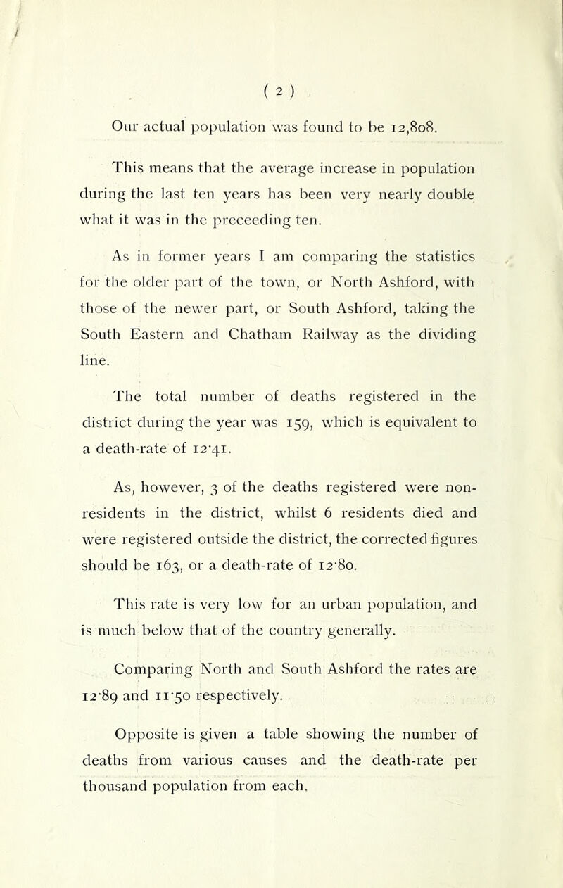 Our actual population was found to he 12,808. This means that the average increase in population during the last ten years has been very nearly double what it was in the proceeding ten. As in former years I am comparing the statistics for tl)e older part of the town, or North Ashford, with those of the newer part, or South Ashford, taking the South Eastern and Chatham Railway as the dividing line. Tlie total number of deaths registered in the district during the year was 159, which is equivalent to a death-rate of i2'4i. As, however, 3 of the deaths registered were non- residents in the district, whilst 6 residents died and were registered outside the district, the corrected figures should be 163, or a death-rate of i2'8o. This rate is very low for an urban population, and is much below that of the country generally. Comparing North and South Ashford the rates are 12‘89 and 11'50 respectively. Opposite is given a table showing the number of deaths from various causes and the death-rate per thousand population from each.